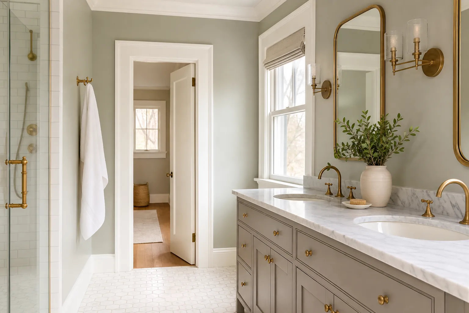 Bathroom with a soft satin-painted wall, white trim, and brass fixtures