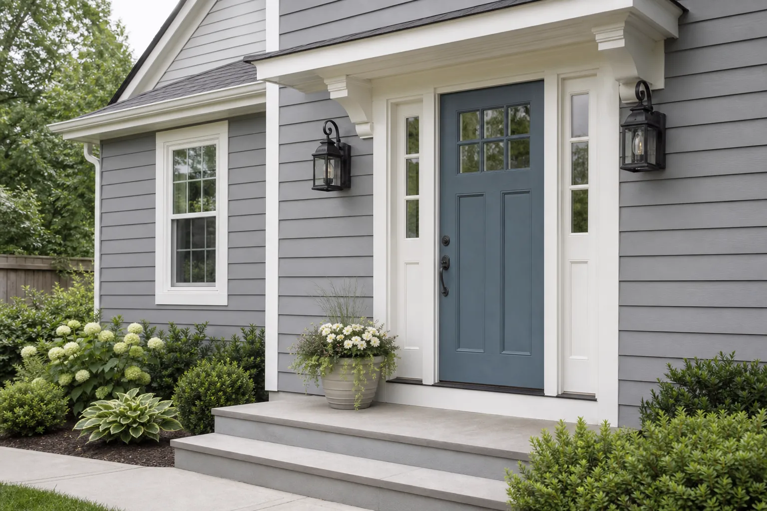 Exterior front door and siding with a low-luster painted finish