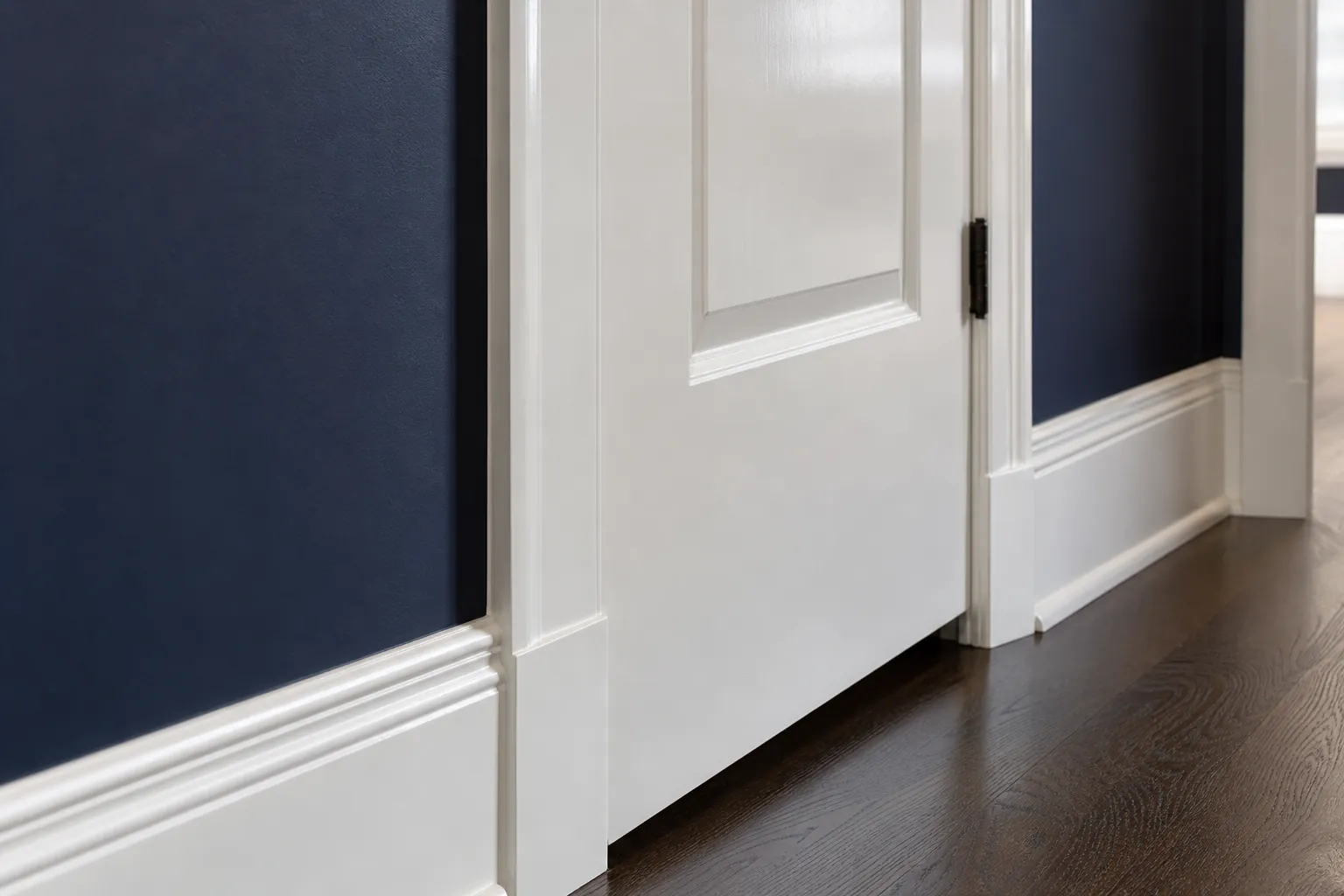 White semi-gloss door and baseboard trim against a navy painted wall