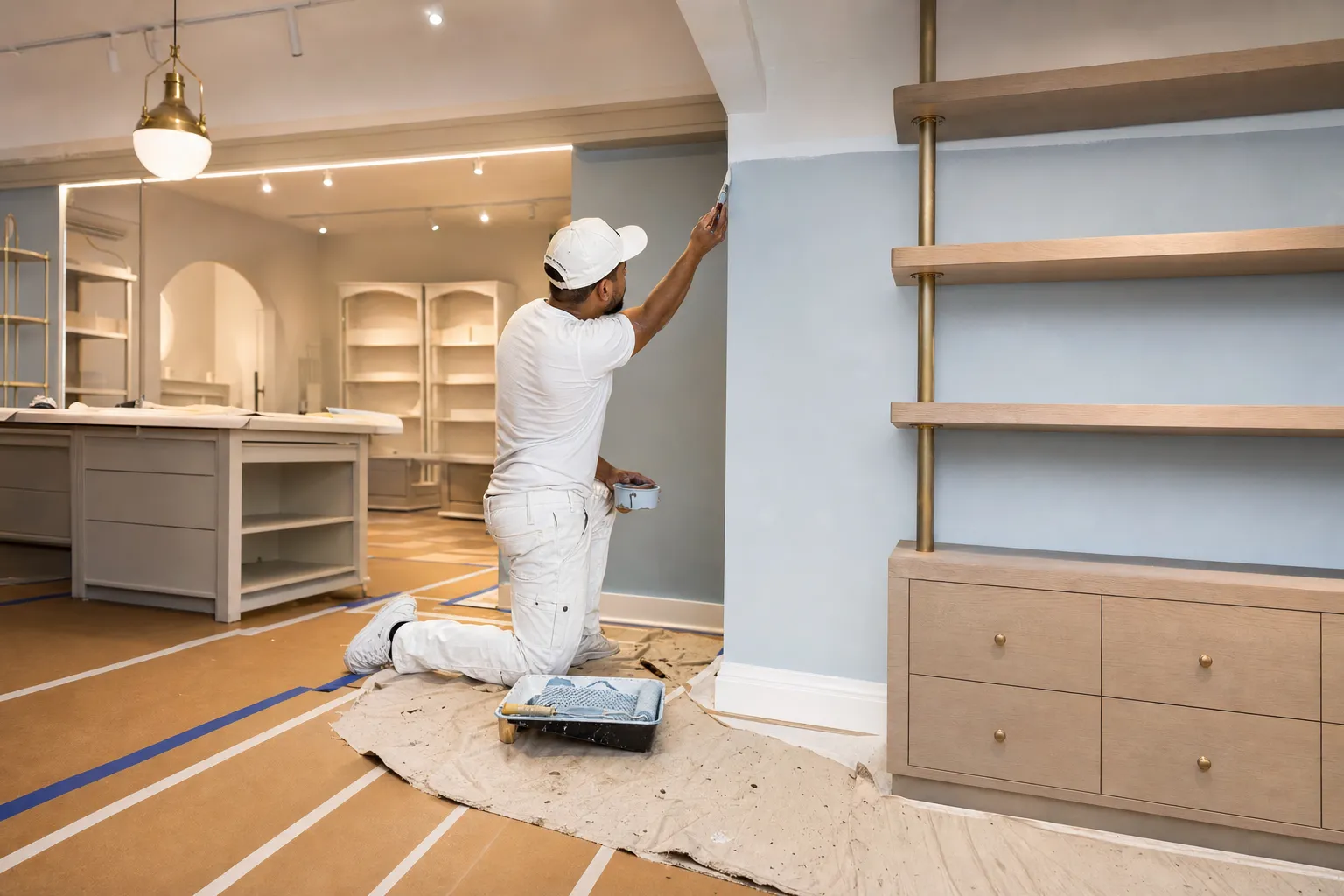 Painter preparing a boutique retail interior with floor protection in place