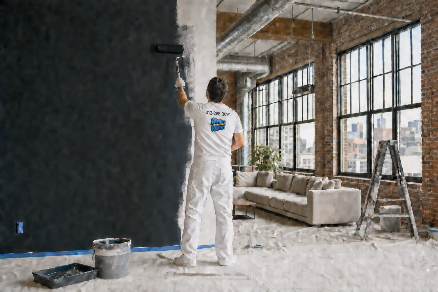 Painter rolling a navy wall in a Chicago loft