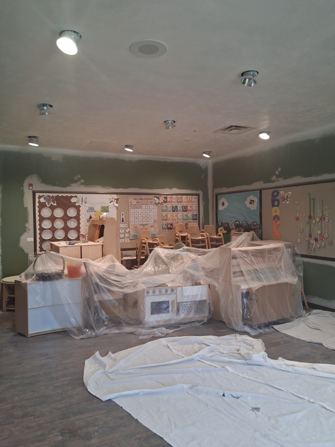 Protected classroom workspace during a commercial interior project