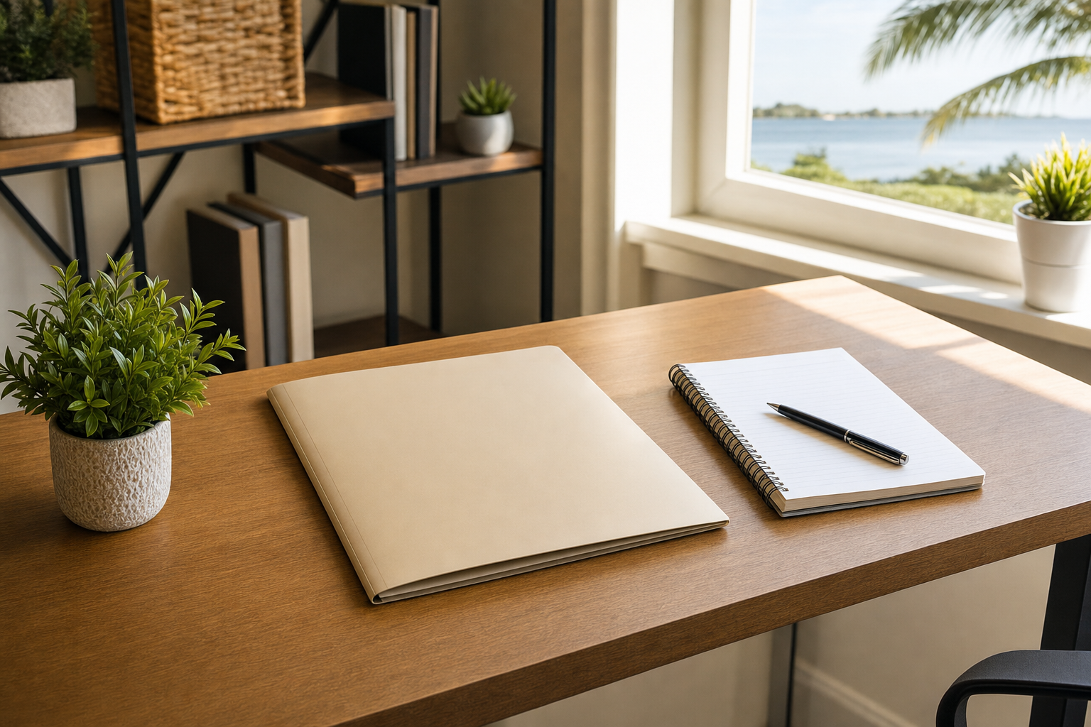 Organized folder and notebook on a sunlit desk