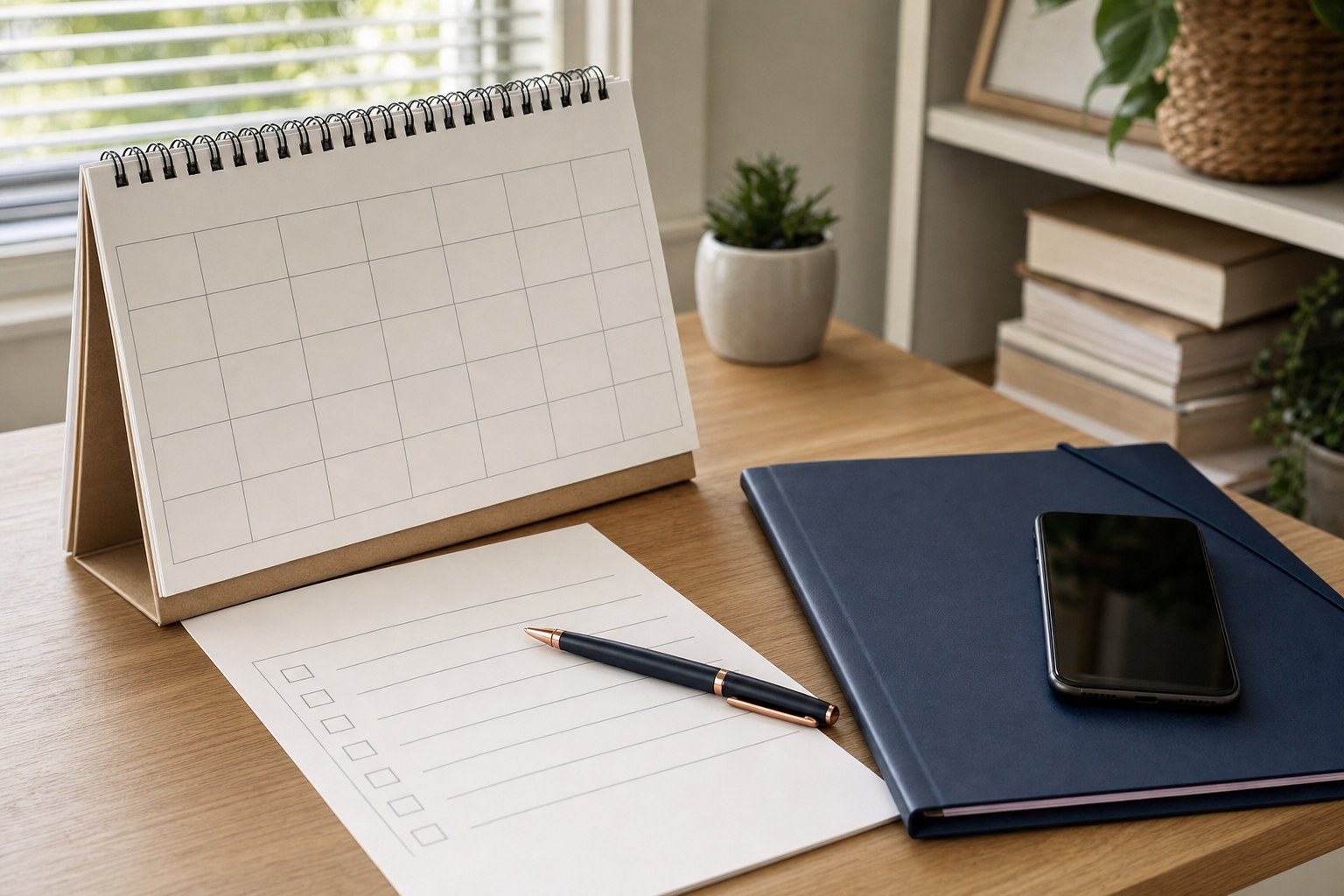 Blank calendar, checklist, phone, and navy folders organized on a home desk