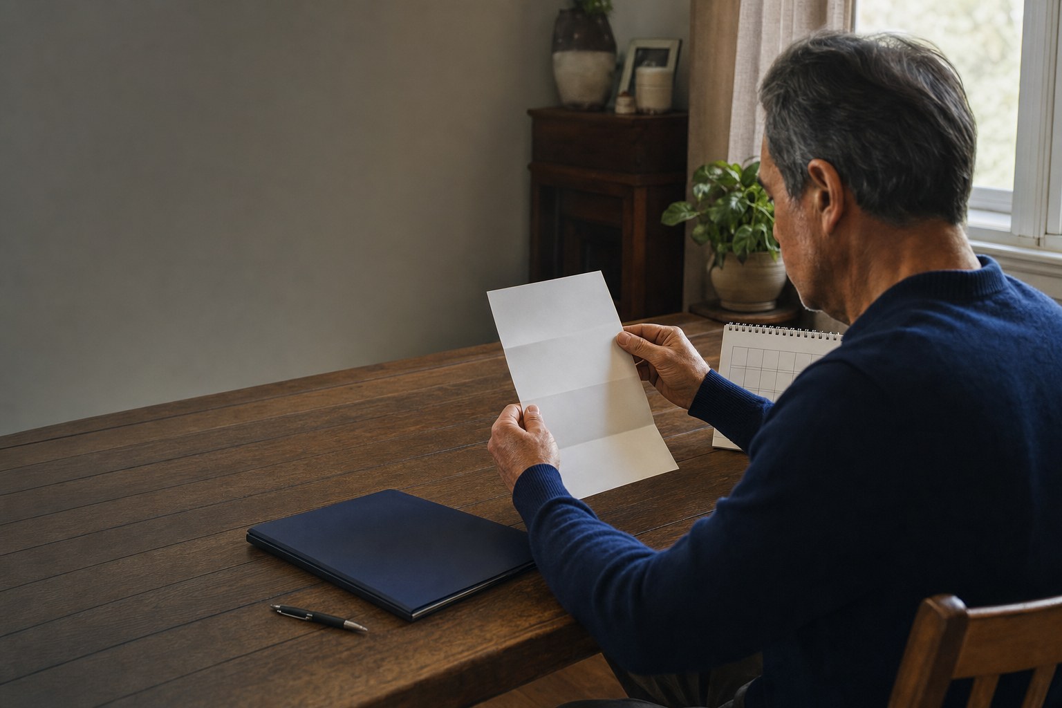 Person reviewing a plain notice beside a calendar and folder at a home table