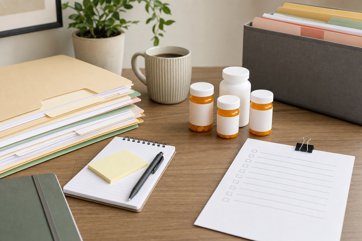 Organized folders, blank checklist, notebook, and medication bottles on a home desk