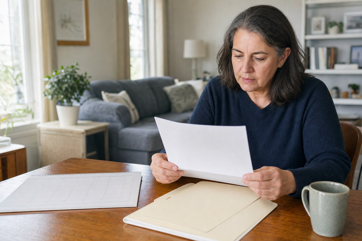 Person reviewing a plain letter, folder, and calendar at a home table