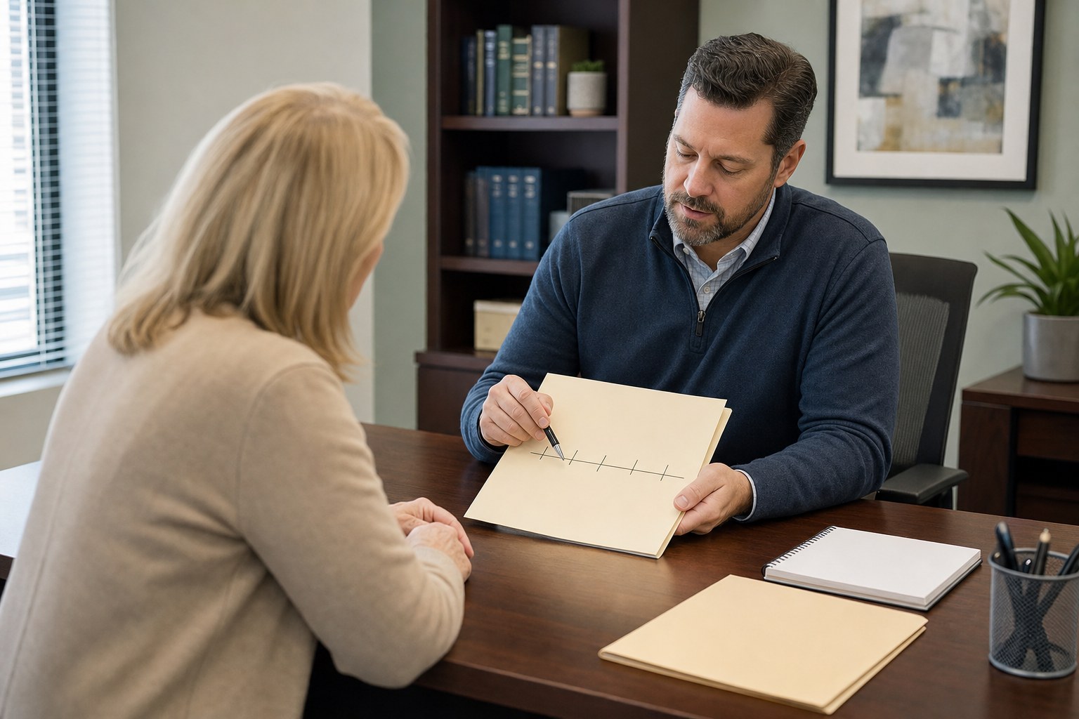 Two adults discussing a plain folder and a simple blank timeline at an office table