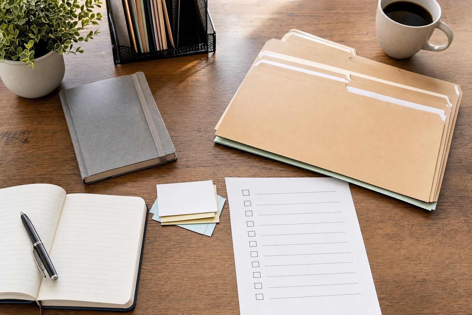 Organized paper folders, notebook, blank checklist, and sticky notes on a home desk