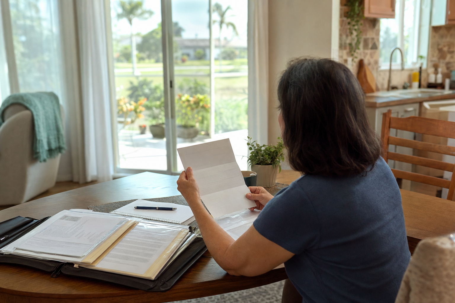 Person reviewing a decision letter and organized paperwork at a kitchen table
