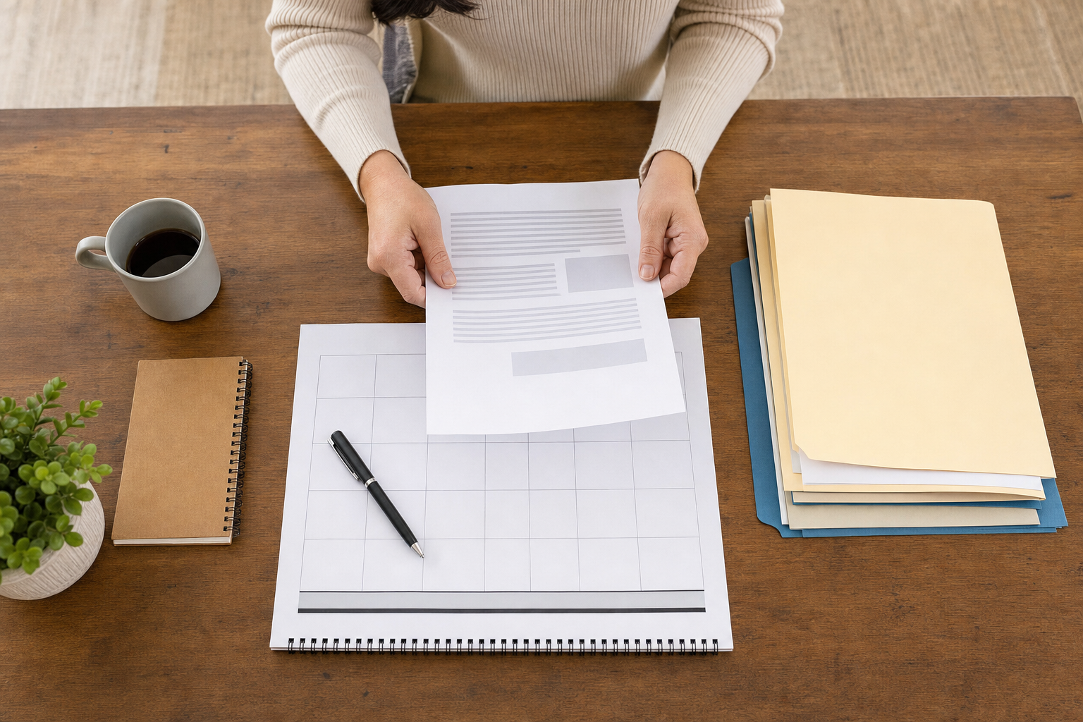 Person reviewing a decision notice above a blank calendar and organized folders