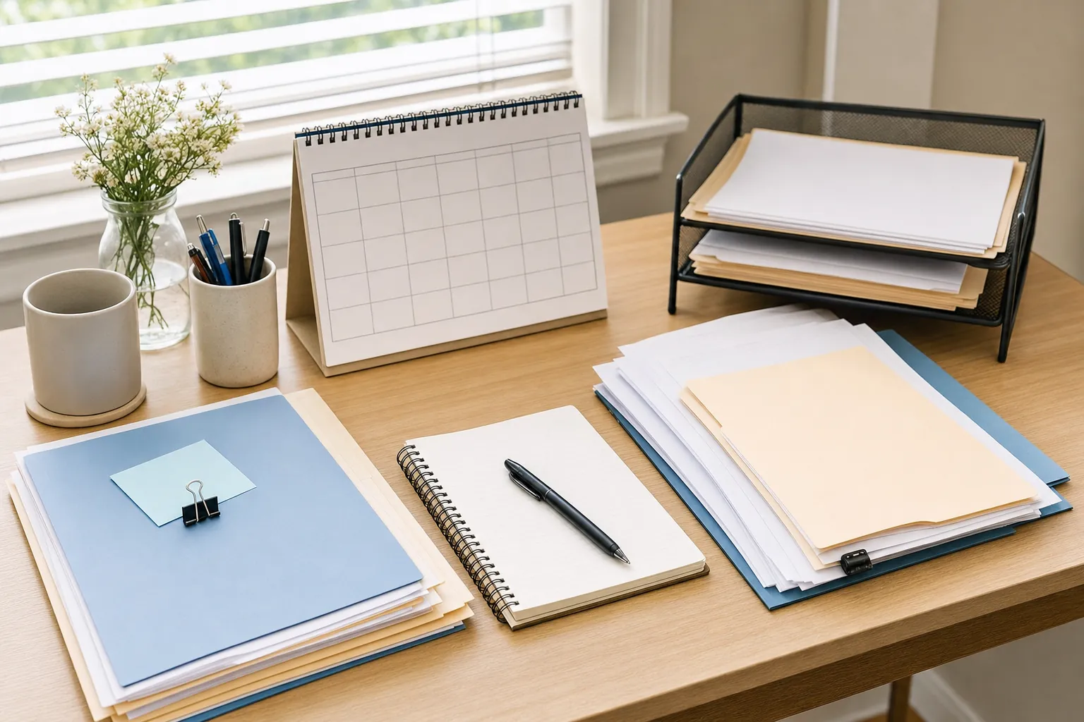 Organized folders, a plain calendar, and a notebook on a home desk