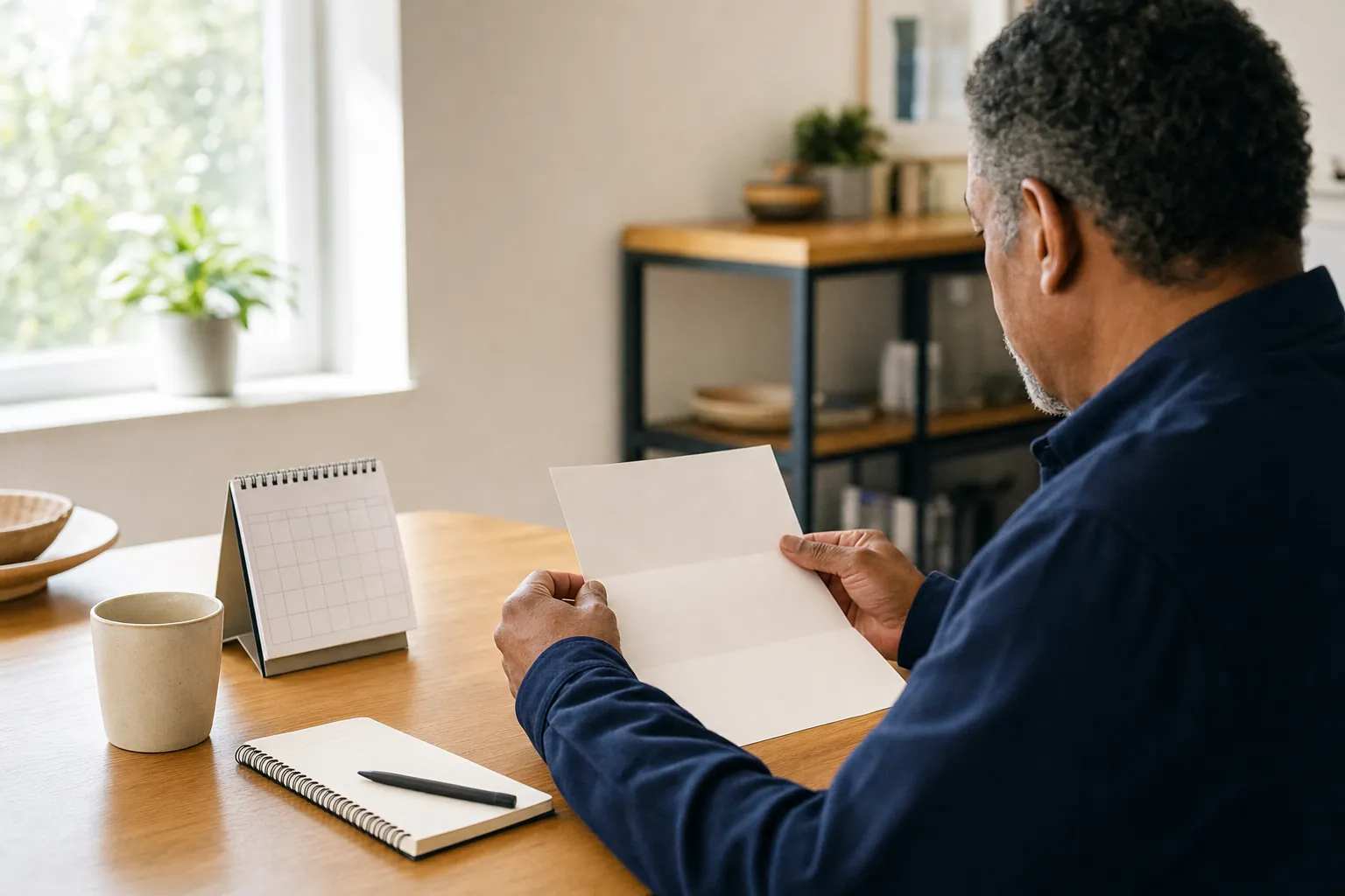 Person reviewing a plain letter beside a calendar at a home table