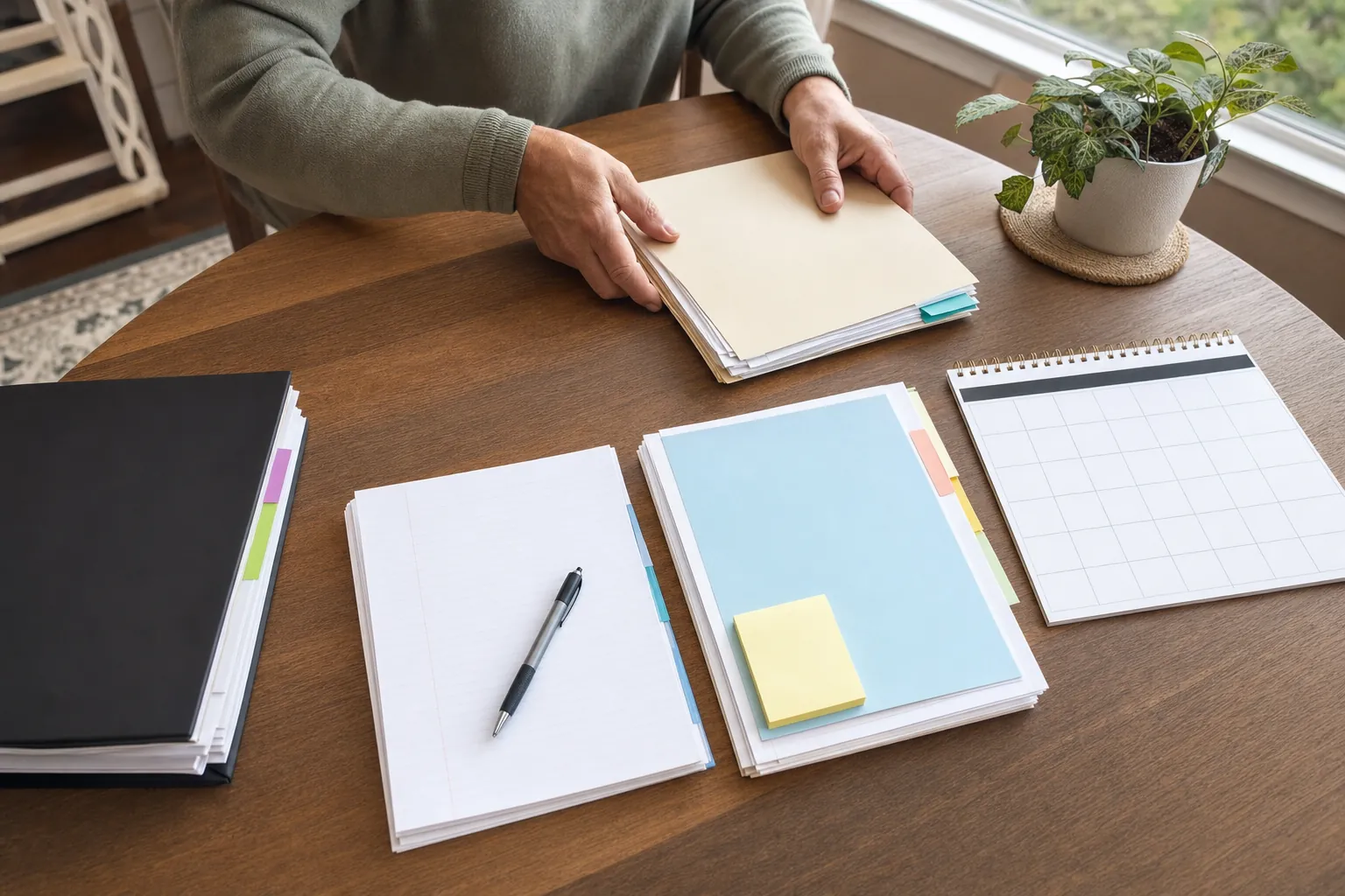 Organized claim folders, appointment notes, and a blank calendar on a desk