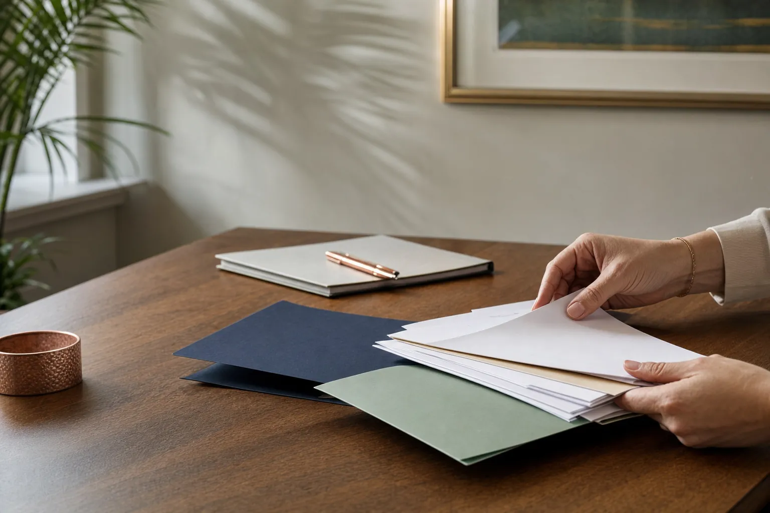 Carefully organised claim materials on a desk in a sunlit office