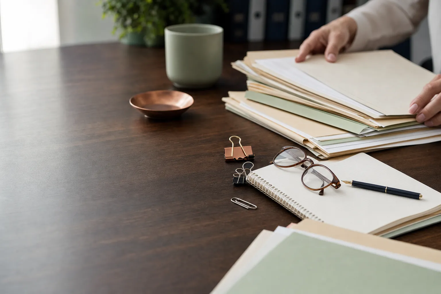 Illustrative close-up of carefully organized claim paperwork