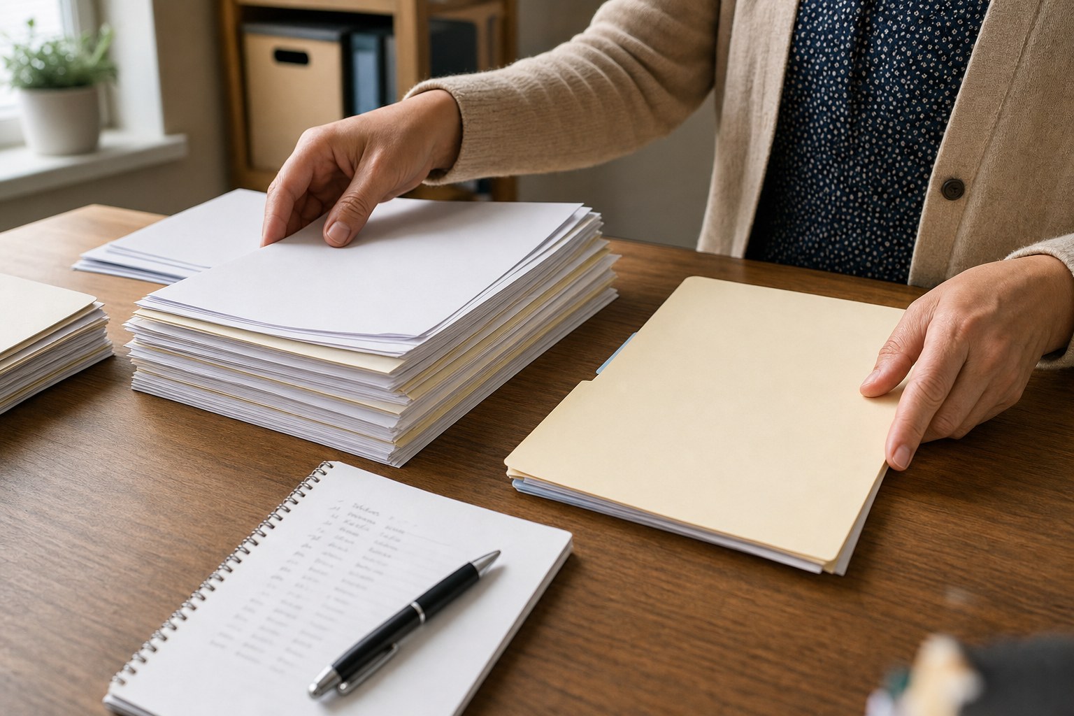 A representative organizing claim papers and a folder on a desk