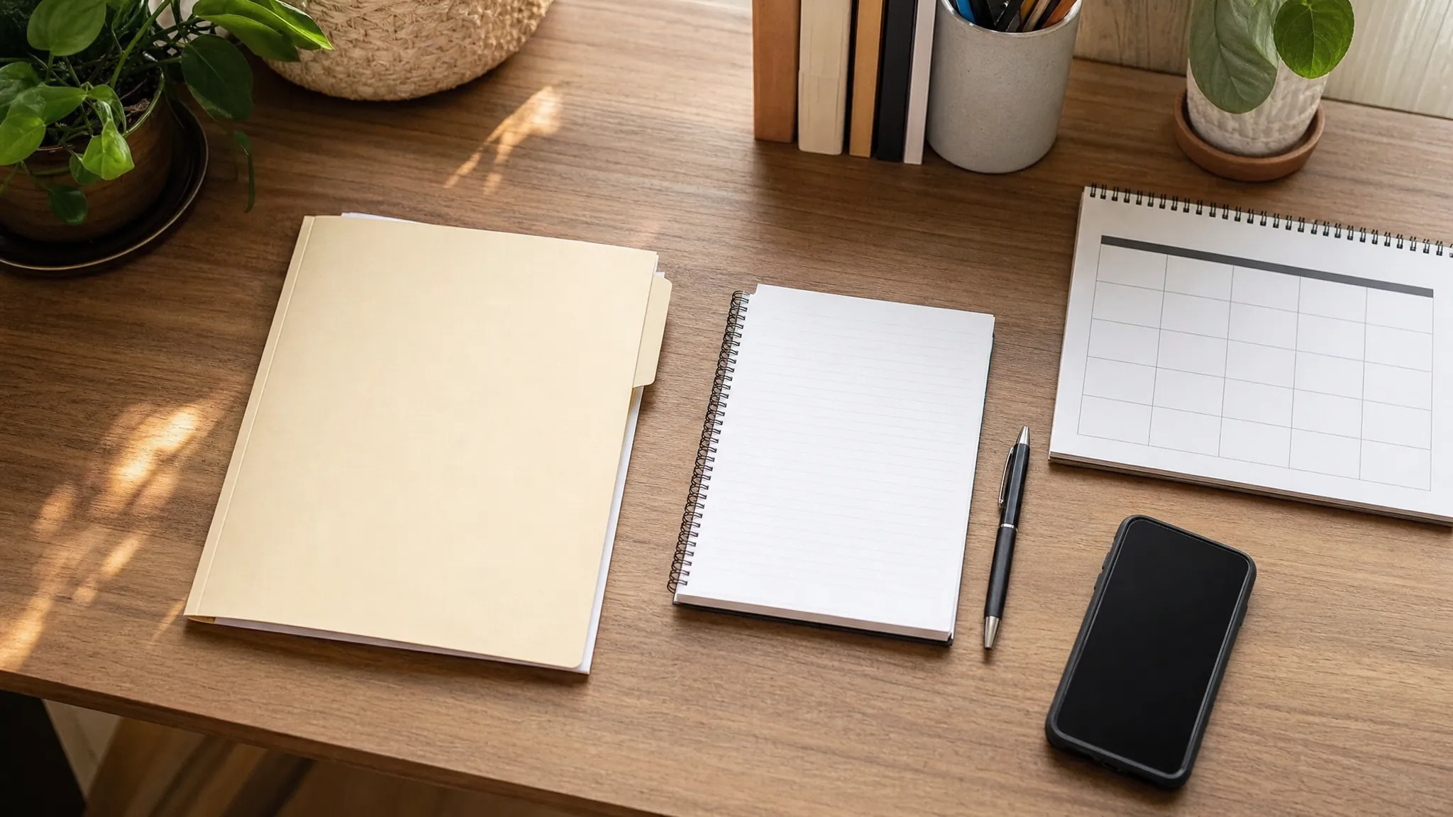 Organized claim folders, a blank calendar, and notes prepared for an appeal conversation
