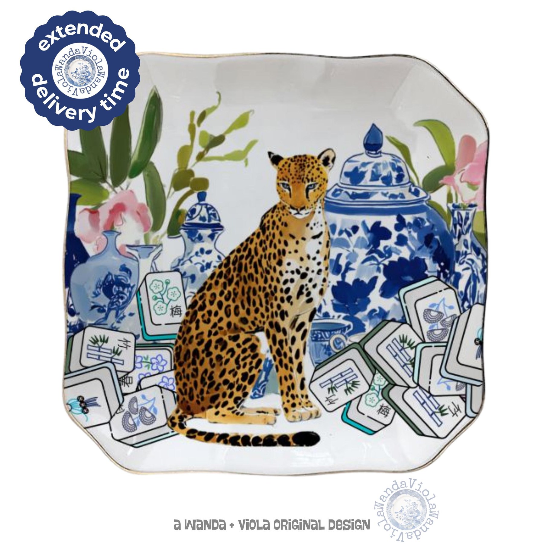Mahjong Chinoiserie Cheetah Scalloped Ceramic Dice Tray