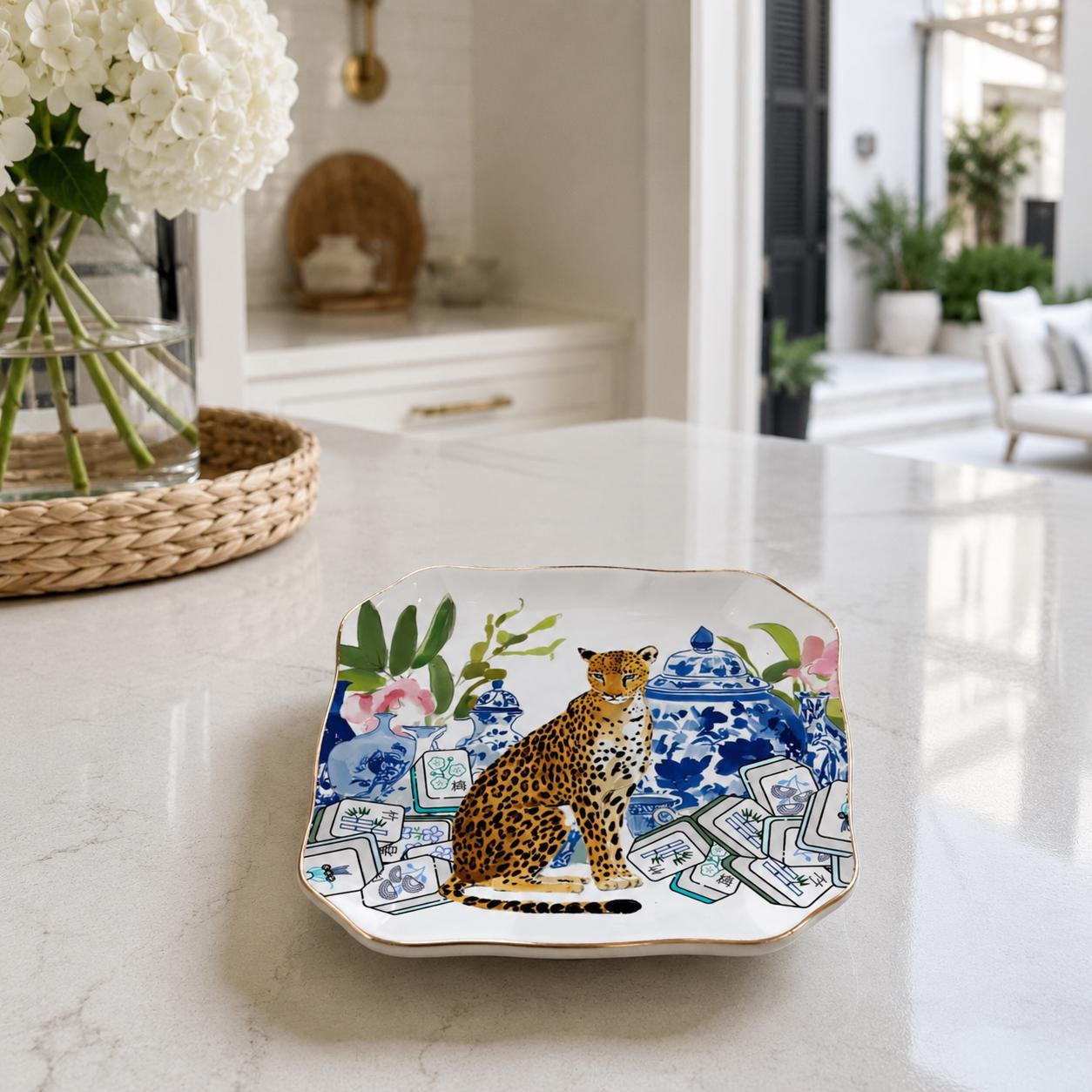 Mahjong Chinoiserie Cheetah Scalloped Ceramic Dice Tray, view 3