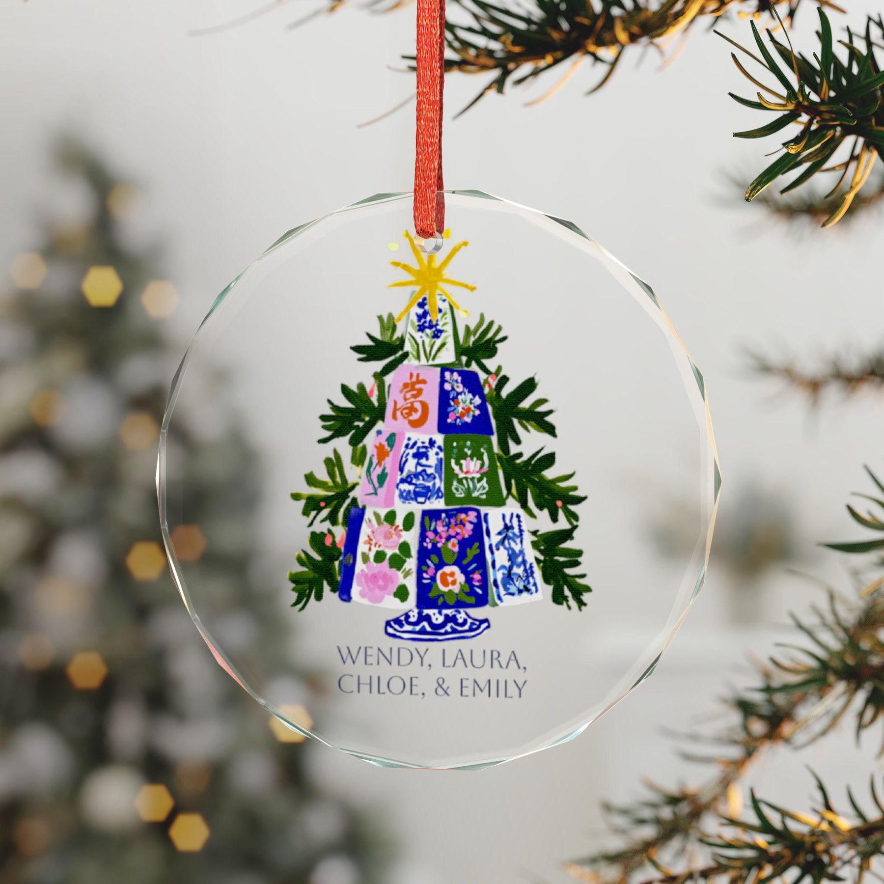 Mahjong Personalized Chinoiserie Mahj Tile Tree Crystal Christmas Ornament with Gift Box, view 2