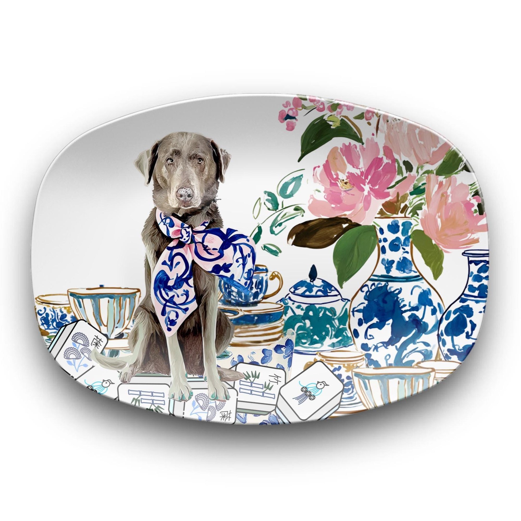 Mahjong Chinoiserie Silver Labrador Retriever Platter