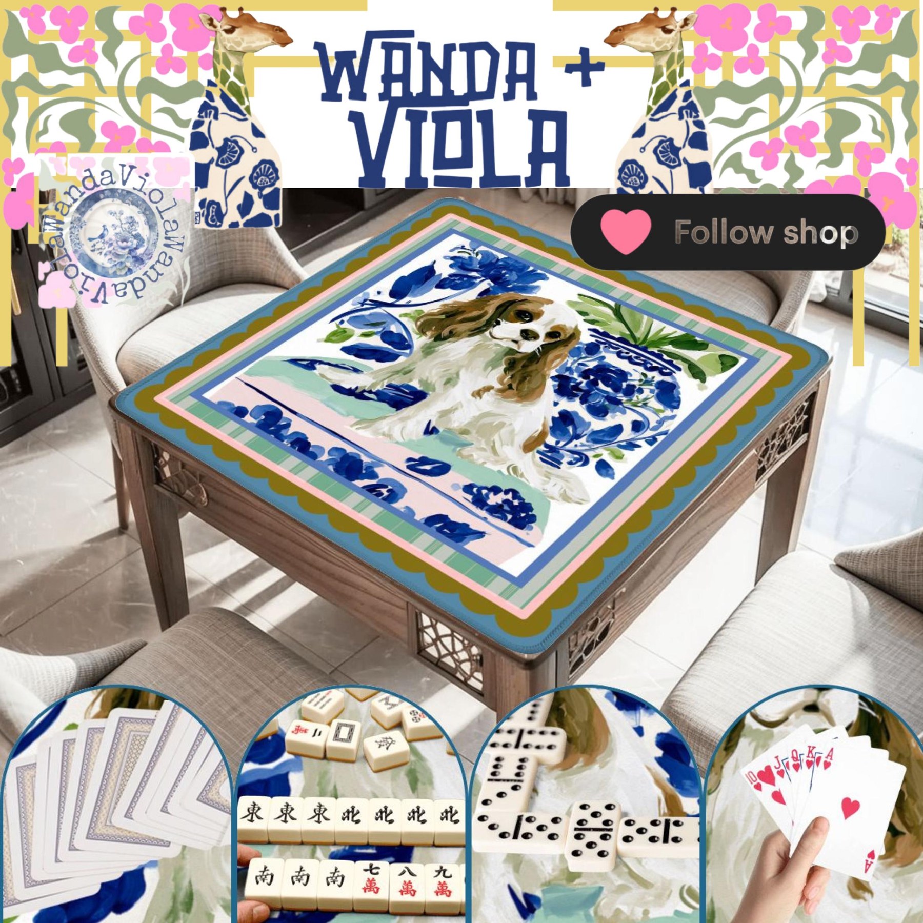 Mahjong Chinoiserie Cavalier King Charles Spaniel Game Mat, view 4