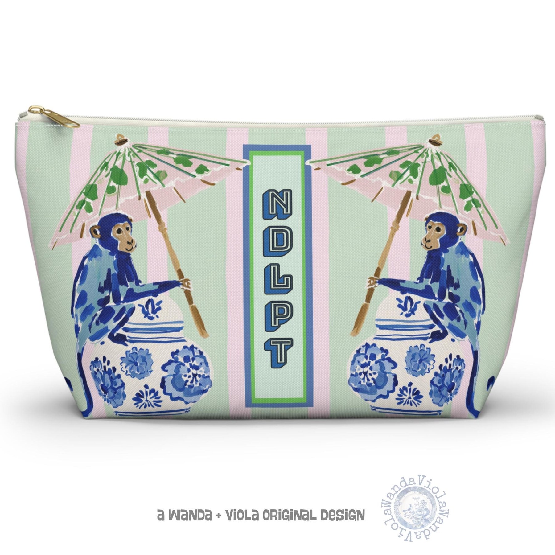 Needlepoint Project Bag NDLPT, Chinoiserie Blue Monkeys Pouch, Preppy Stitcher Gift, Sewing Travel, Small Project Bag for Needlepoint