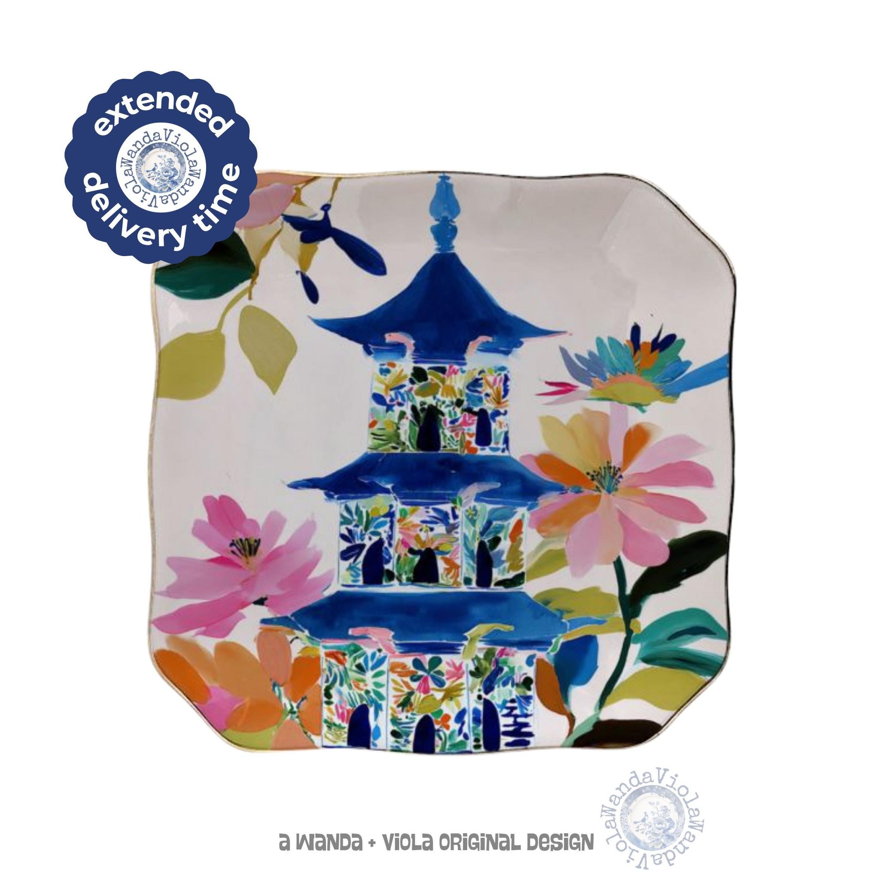 Mahjong Chinoiserie Pagoda Scalloped Ceramic Dice Tray