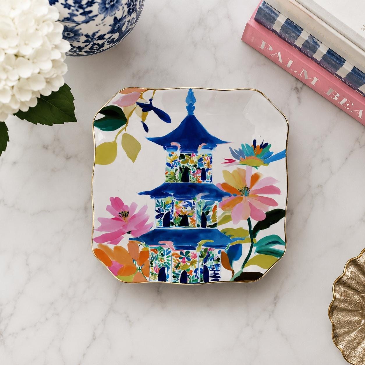 Mahjong Chinoiserie Pagoda Scalloped Ceramic Dice Tray, view 3