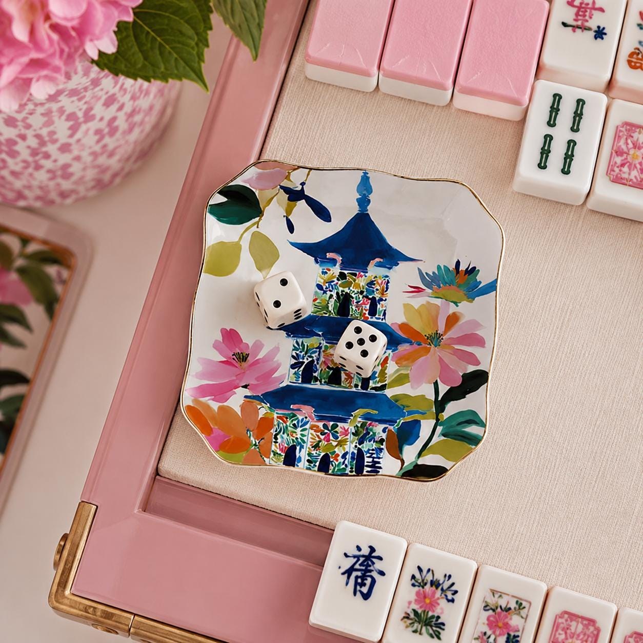 Mahjong Chinoiserie Pagoda Scalloped Ceramic Dice Tray, view 4