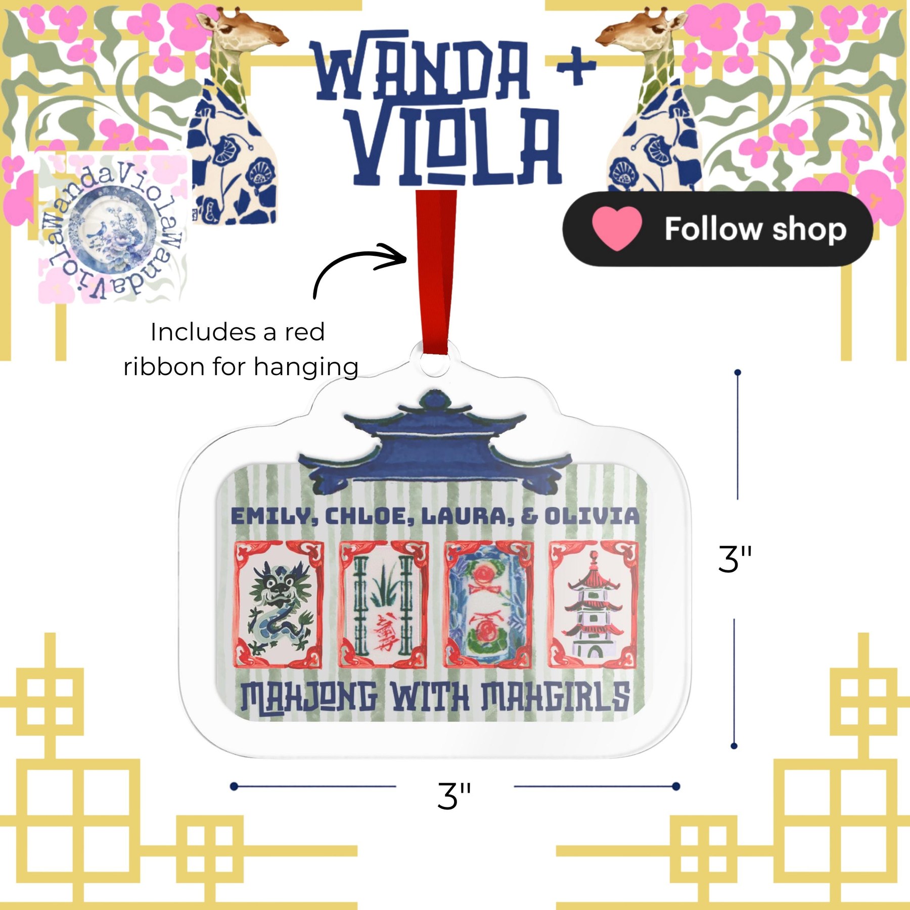 Personalized "Mahjong with Mahgirls" Acrylic Ornament, view 2