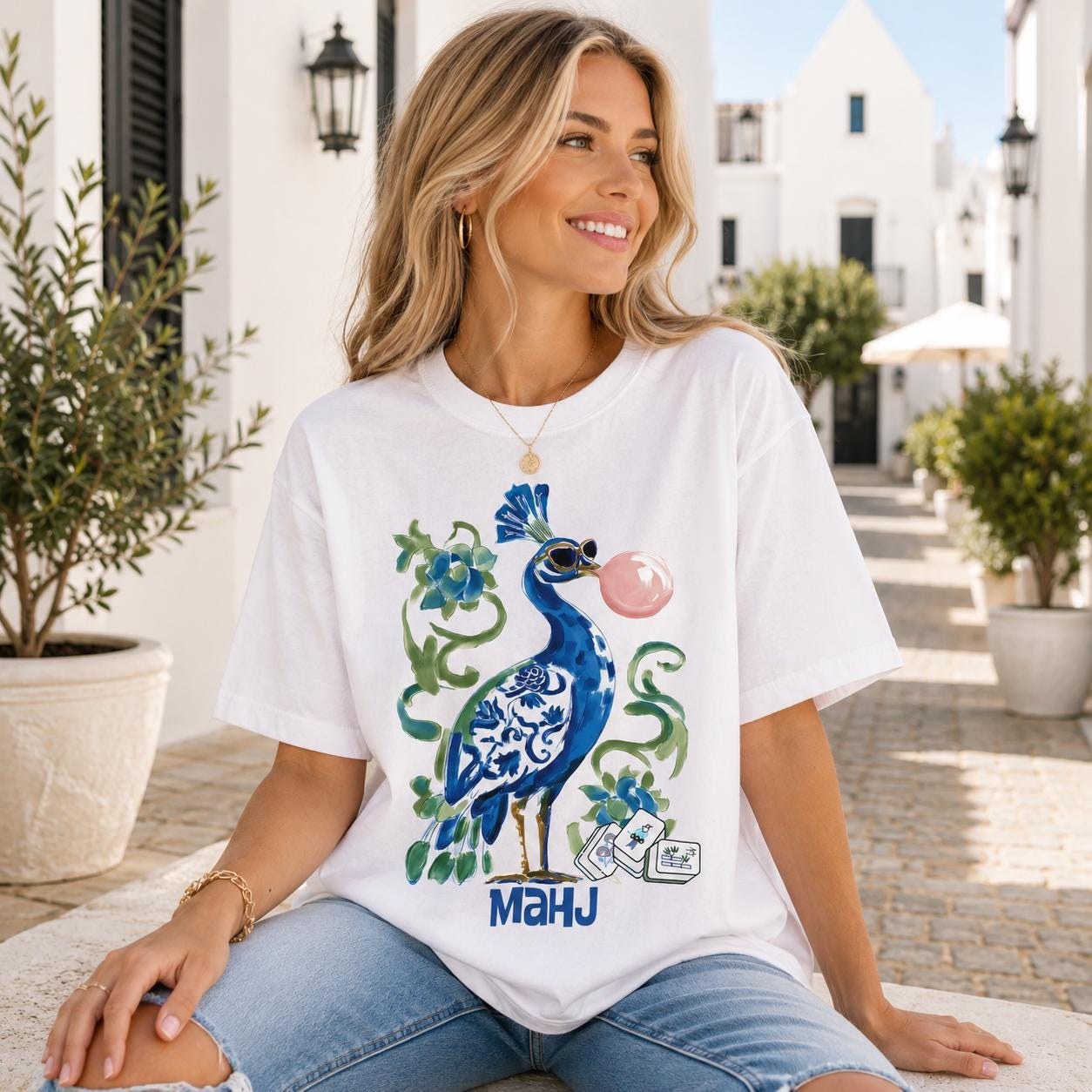 Mahjong Bubblegum Peacock "Bird Bam" Comfort Colors™ T-Shirt, view 2