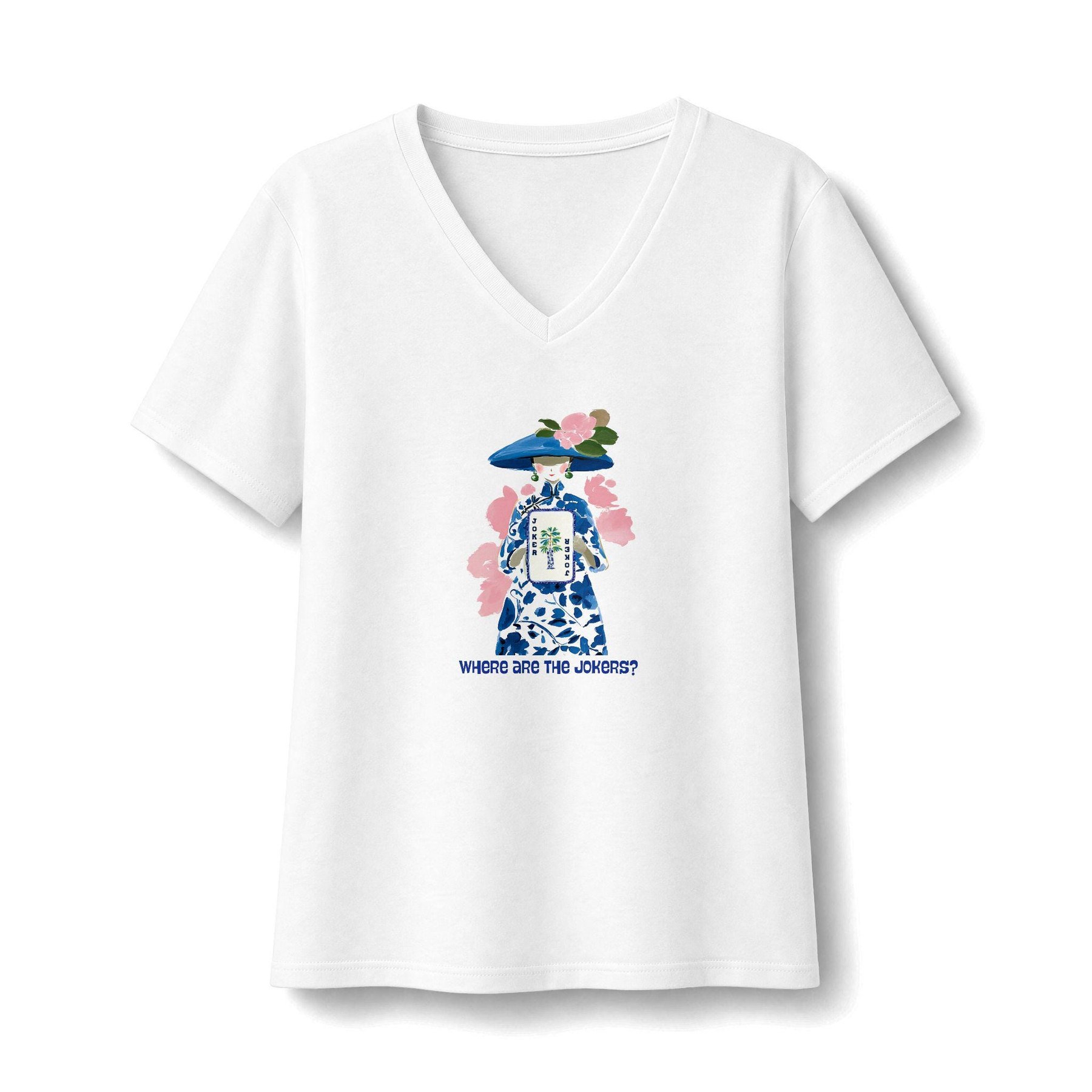 Mahjong Funny "Where Are the Jokers?" V-Neck T-Shirt, view 2