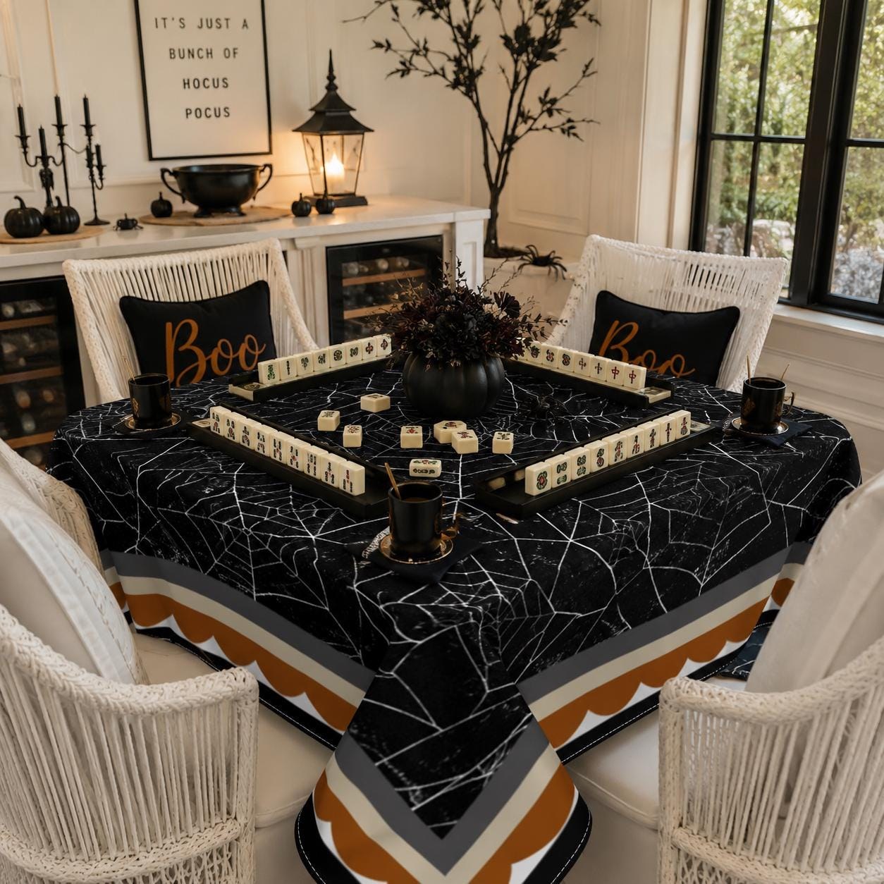 Mahjong Halloween Spiderwebs Tablecloth