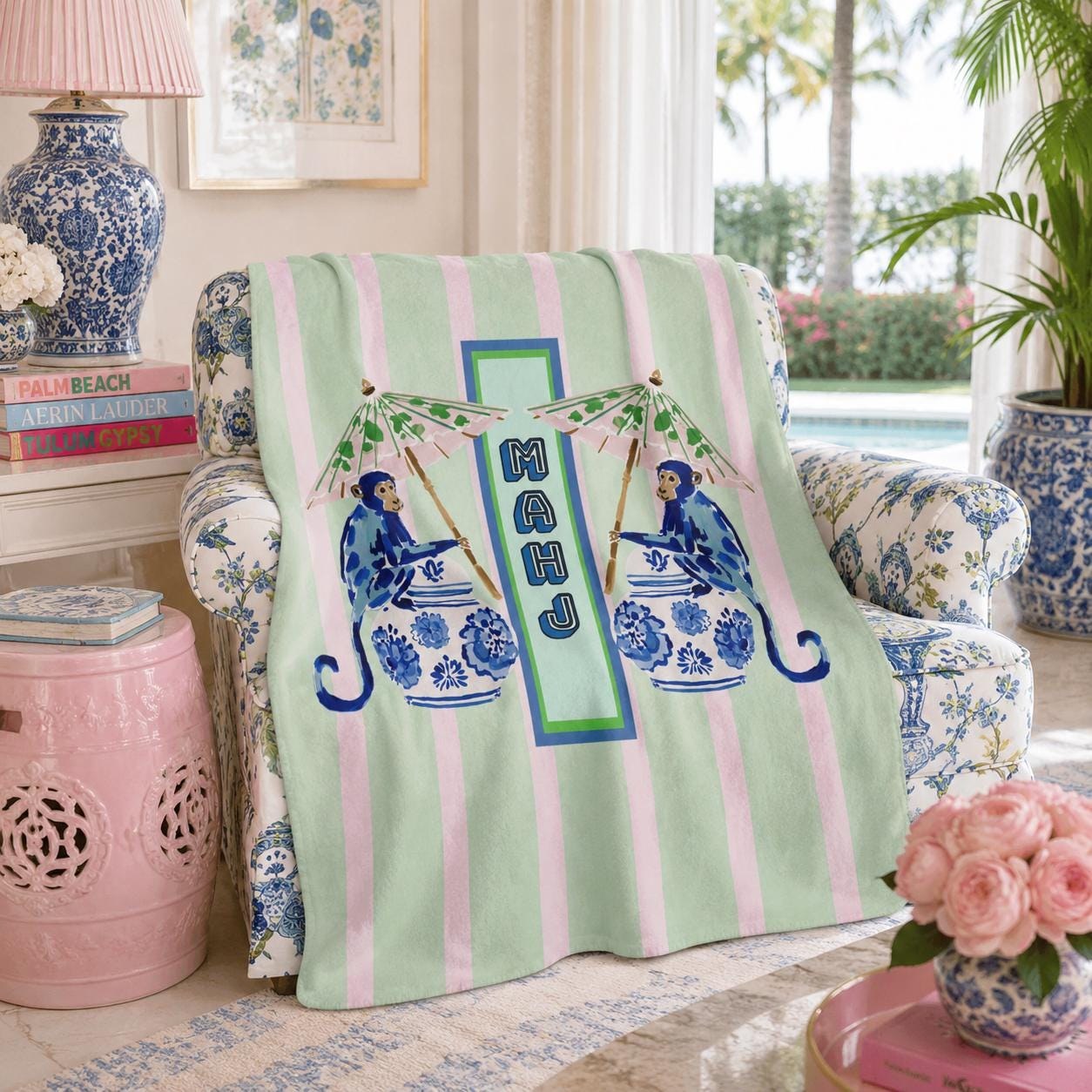 Mahjong Chinoiserie Blue Monkey Sherpa Fleece Blanket