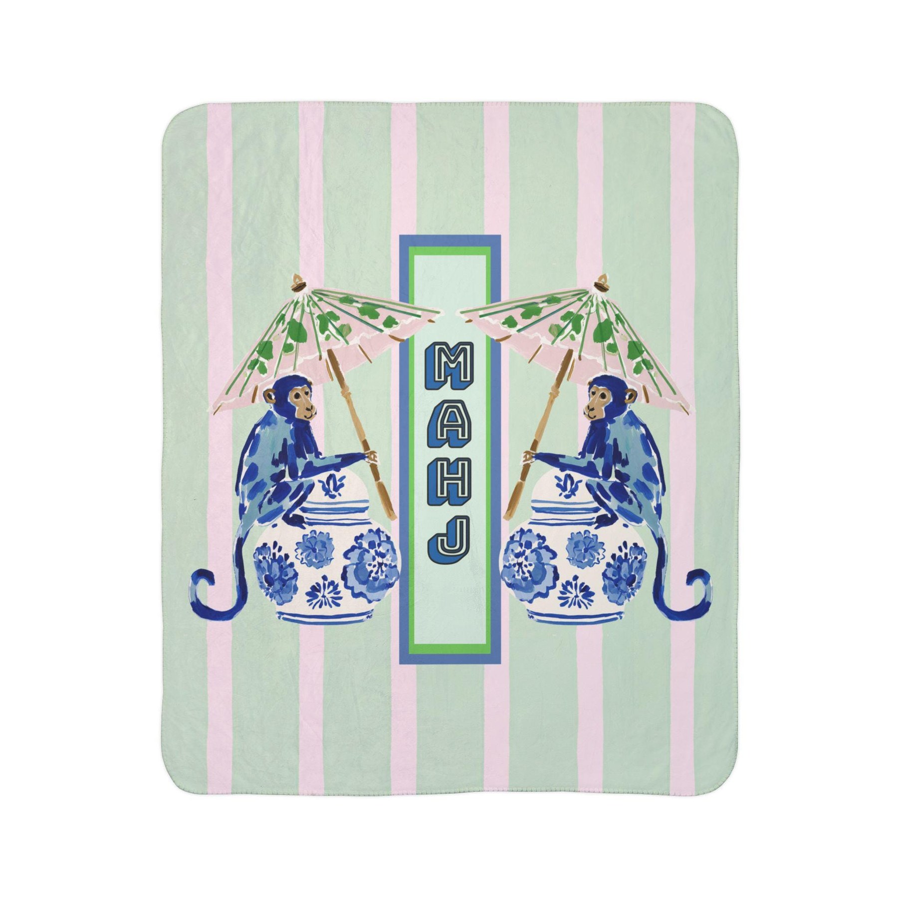 Mahjong Chinoiserie Blue Monkey Sherpa Fleece Blanket, view 2