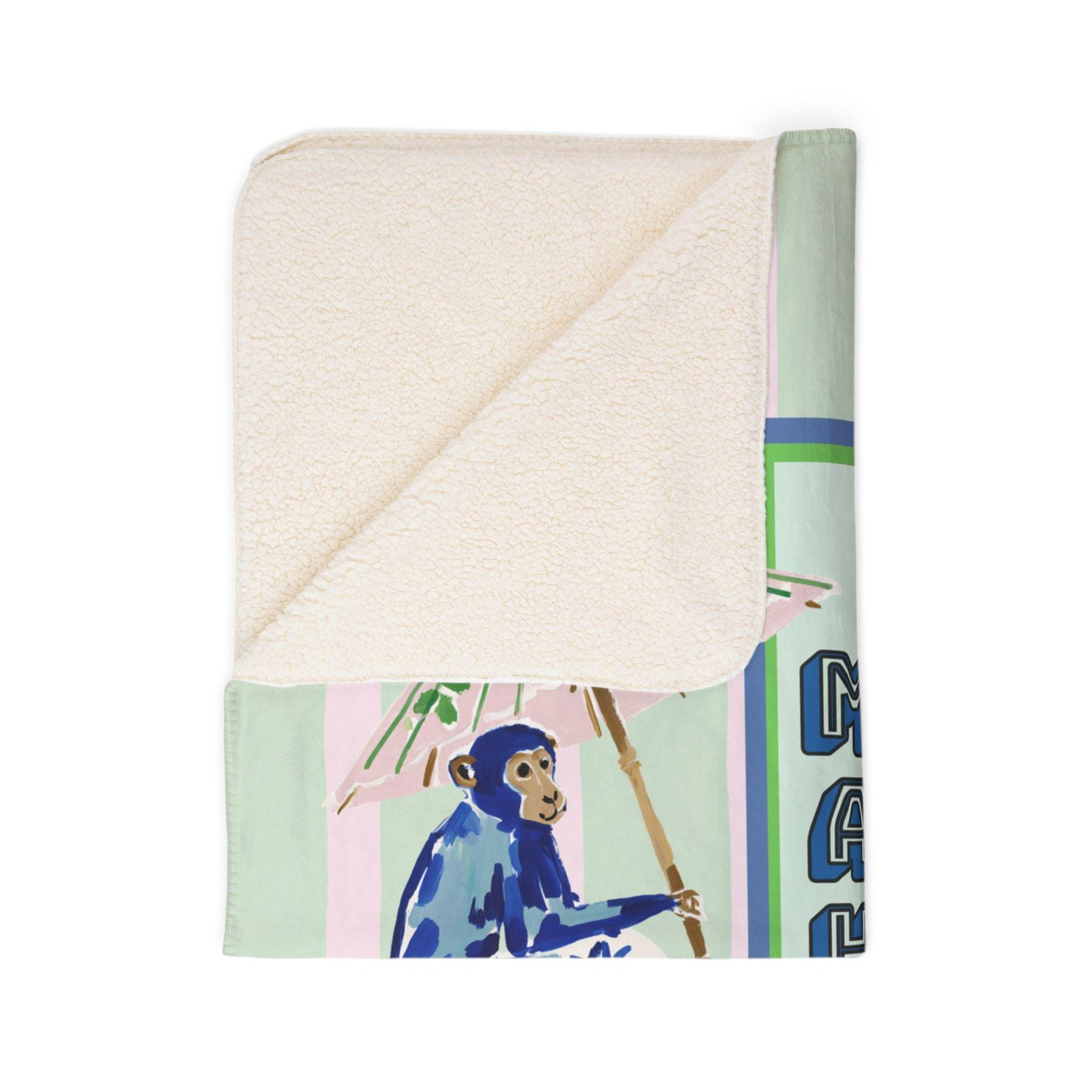 Mahjong Chinoiserie Blue Monkey Sherpa Fleece Blanket, view 3