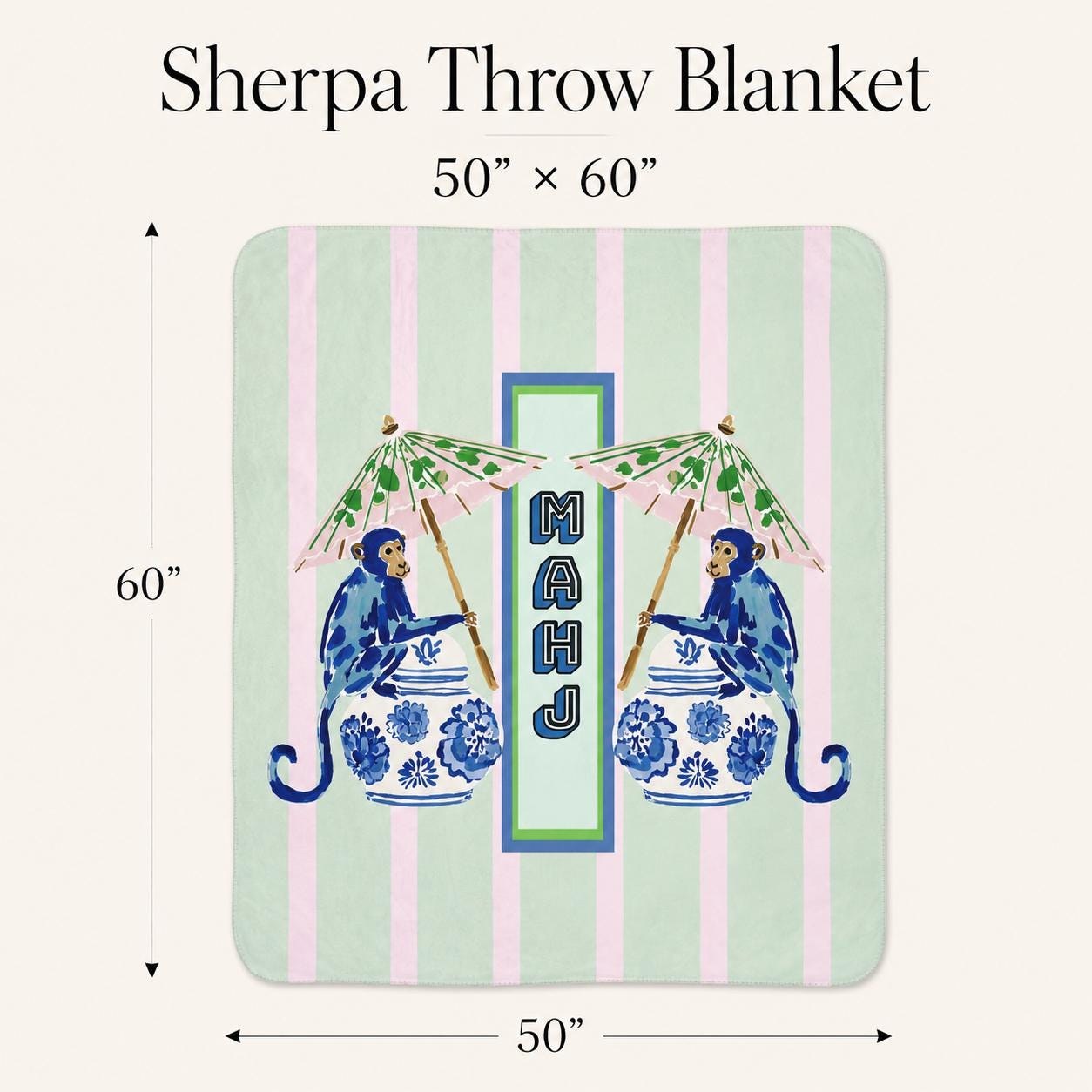 Mahjong Chinoiserie Blue Monkey Sherpa Fleece Blanket, view 5