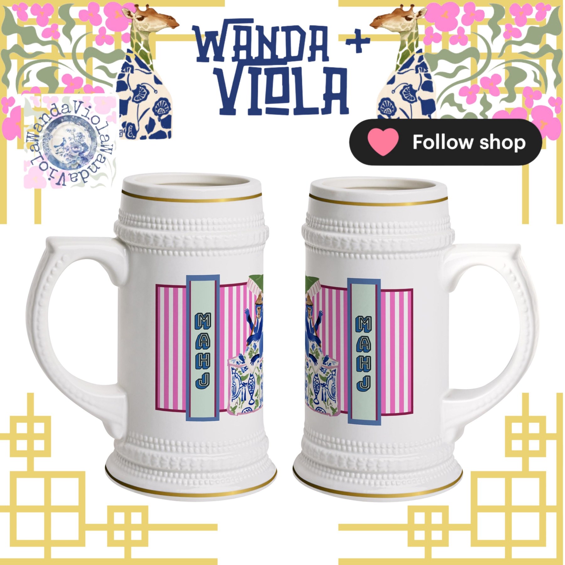 Mahjong Chinoiserie Monkey Coffee and Cocktails Stein, Large Mahj Drink Cup, Preppy Mahjong Mug, Hostess Gift, Game Party Drinkware Prize