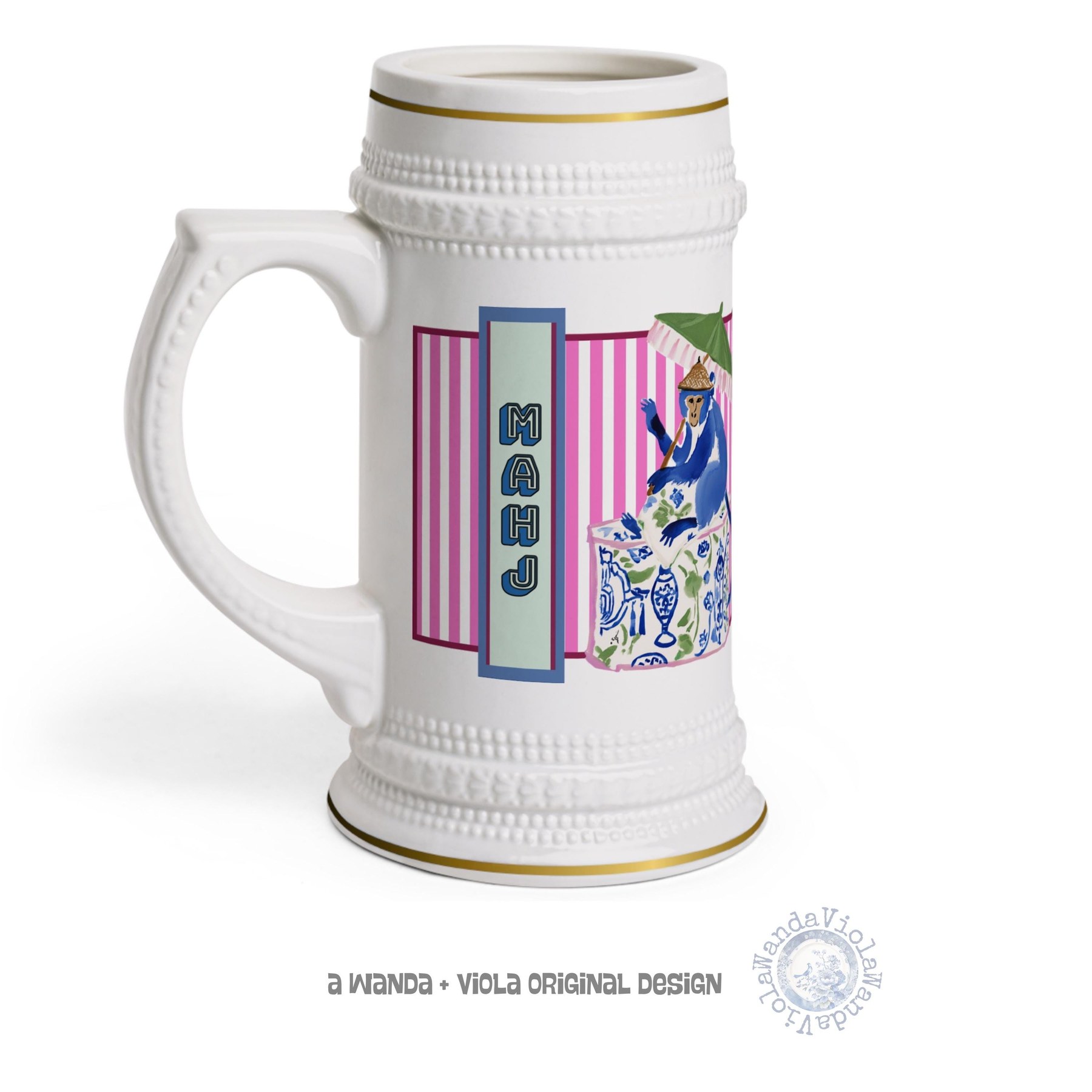 Mahjong Chinoiserie Monkey Coffee and Cocktails Stein, Large Mahj Drink Cup, Preppy Mahjong Mug, Hostess Gift, Game Party Drinkware Prize, view 2