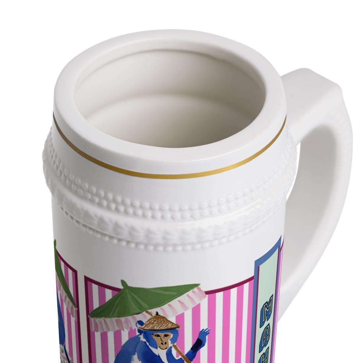 Mahjong Chinoiserie Monkey Coffee and Cocktails Stein, Large Mahj Drink Cup, Preppy Mahjong Mug, Hostess Gift, Game Party Drinkware Prize, view 3