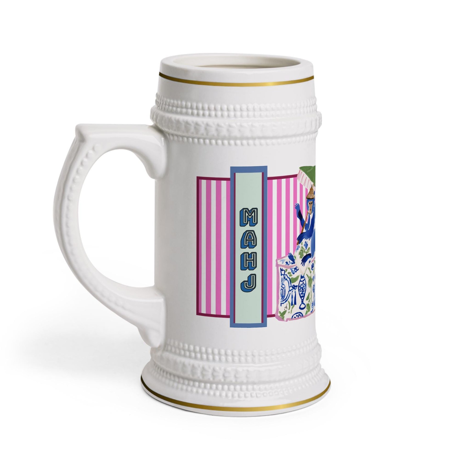 Mahjong Chinoiserie Monkey Coffee and Cocktails Stein, Large Mahj Drink Cup, Preppy Mahjong Mug, Hostess Gift, Game Party Drinkware Prize, view 4