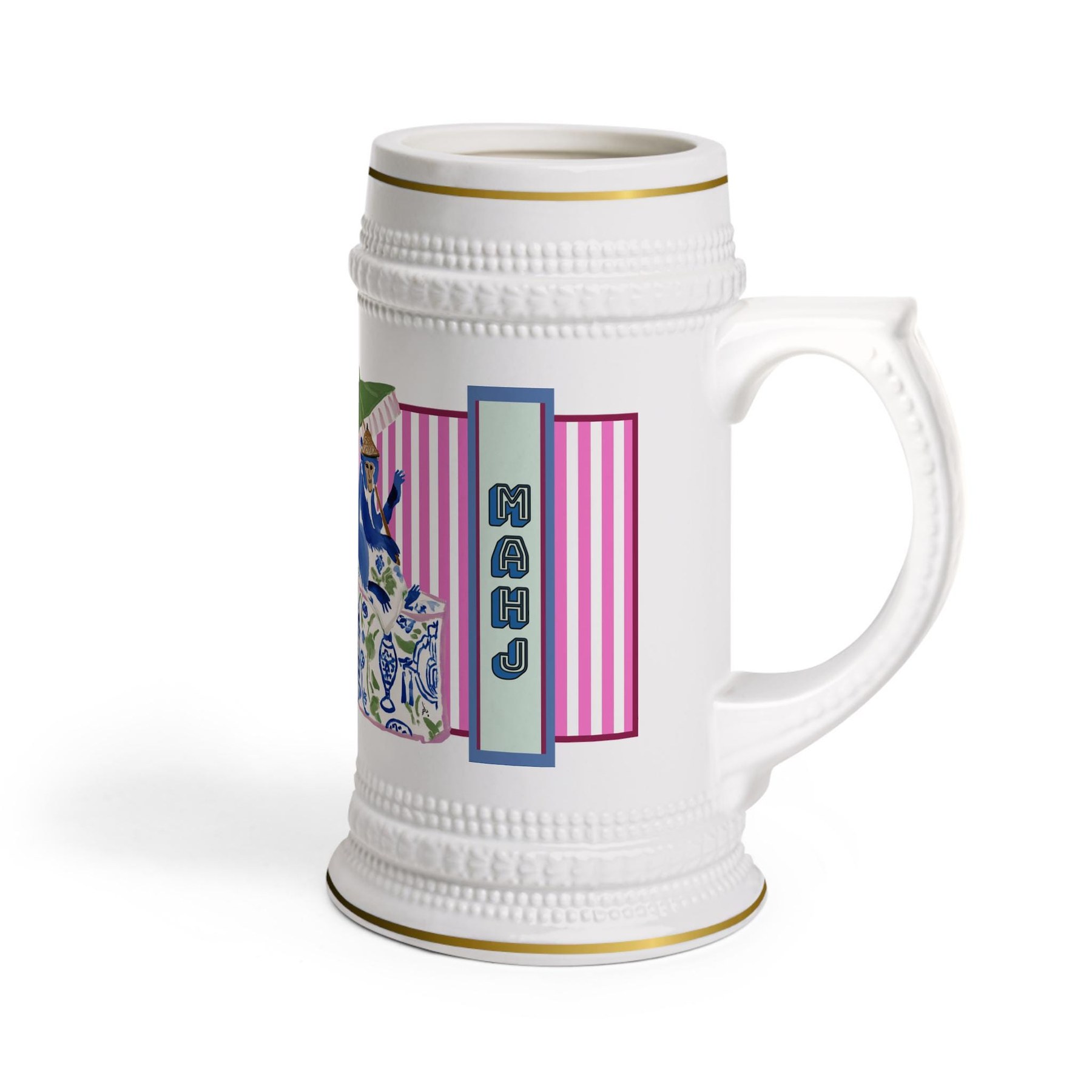 Mahjong Chinoiserie Monkey Coffee and Cocktails Stein, Large Mahj Drink Cup, Preppy Mahjong Mug, Hostess Gift, Game Party Drinkware Prize, view 6