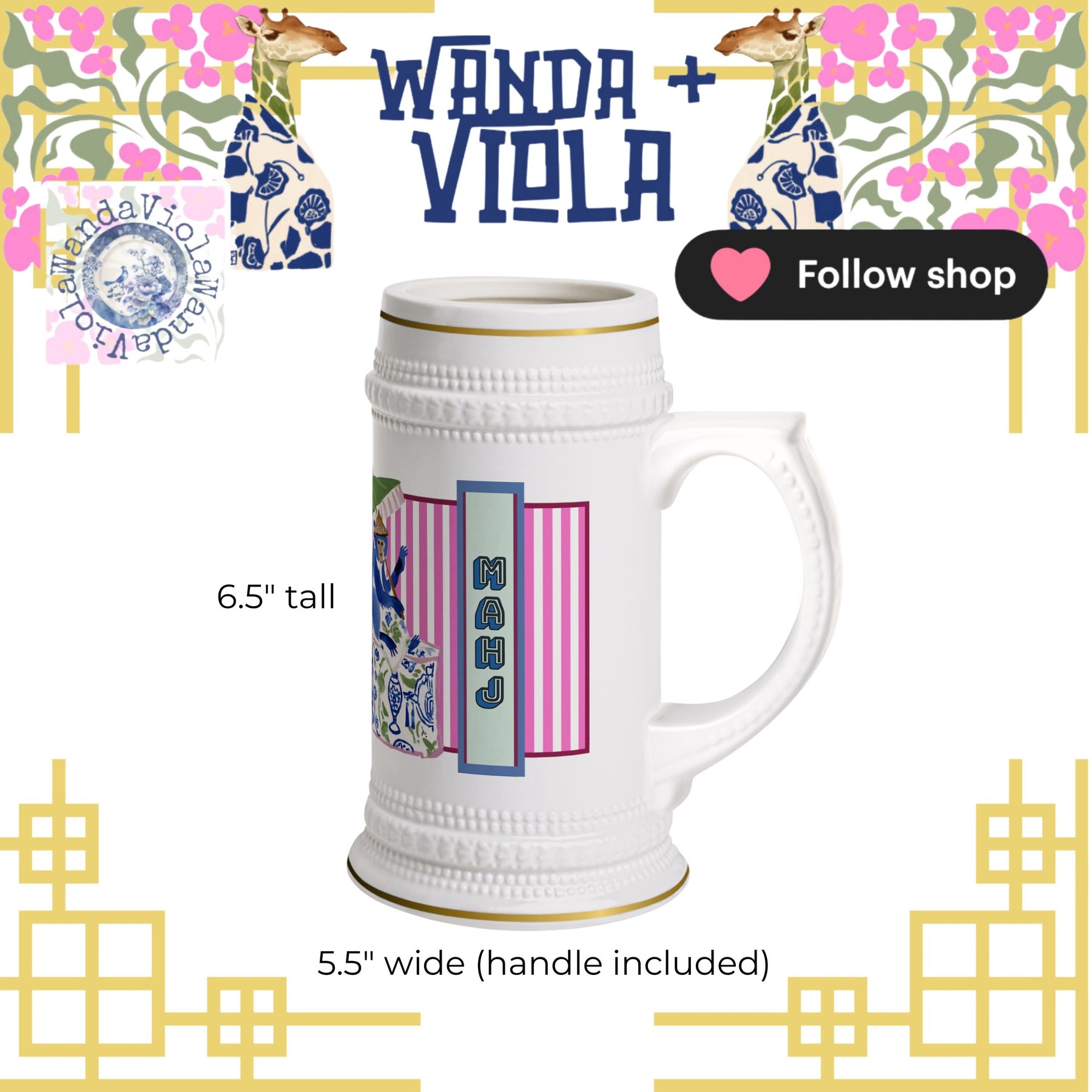Mahjong Chinoiserie Monkey Coffee and Cocktails Stein, Large Mahj Drink Cup, Preppy Mahjong Mug, Hostess Gift, Game Party Drinkware Prize, view 7
