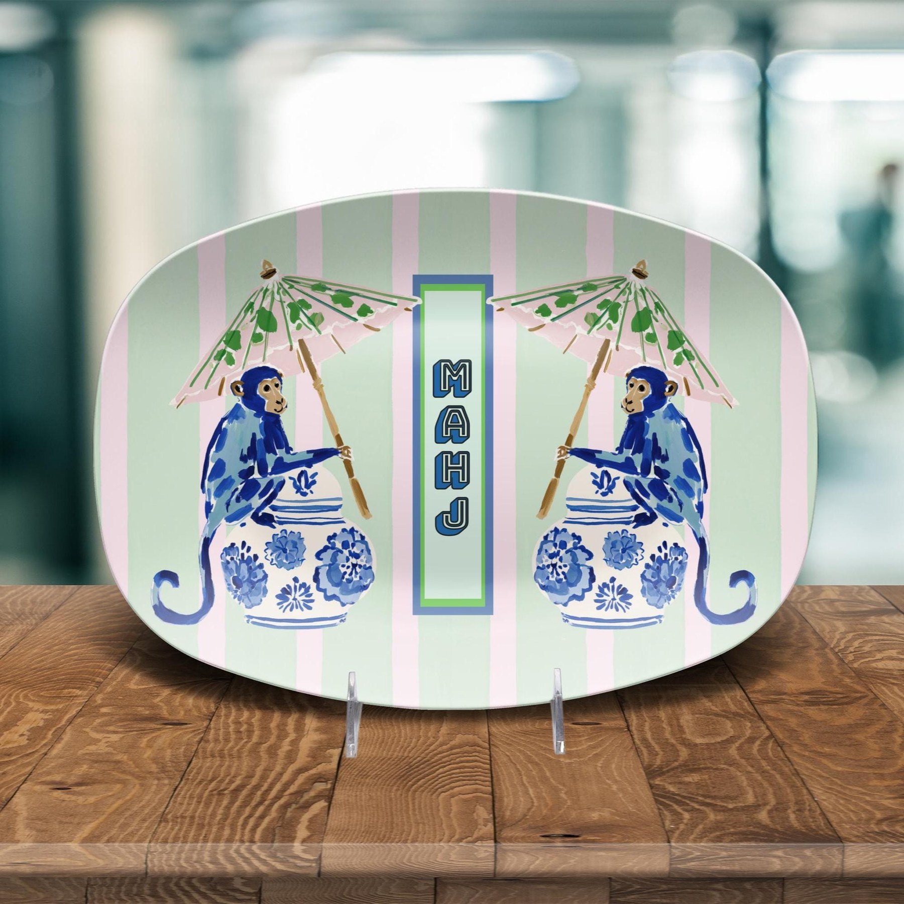Mahjong Chinoiserie Monkeys Serving Tray Preppy Decor Platter, Mahj Party Hostess Gift, Birthday Gift Idea for Mahjong Players, view 4