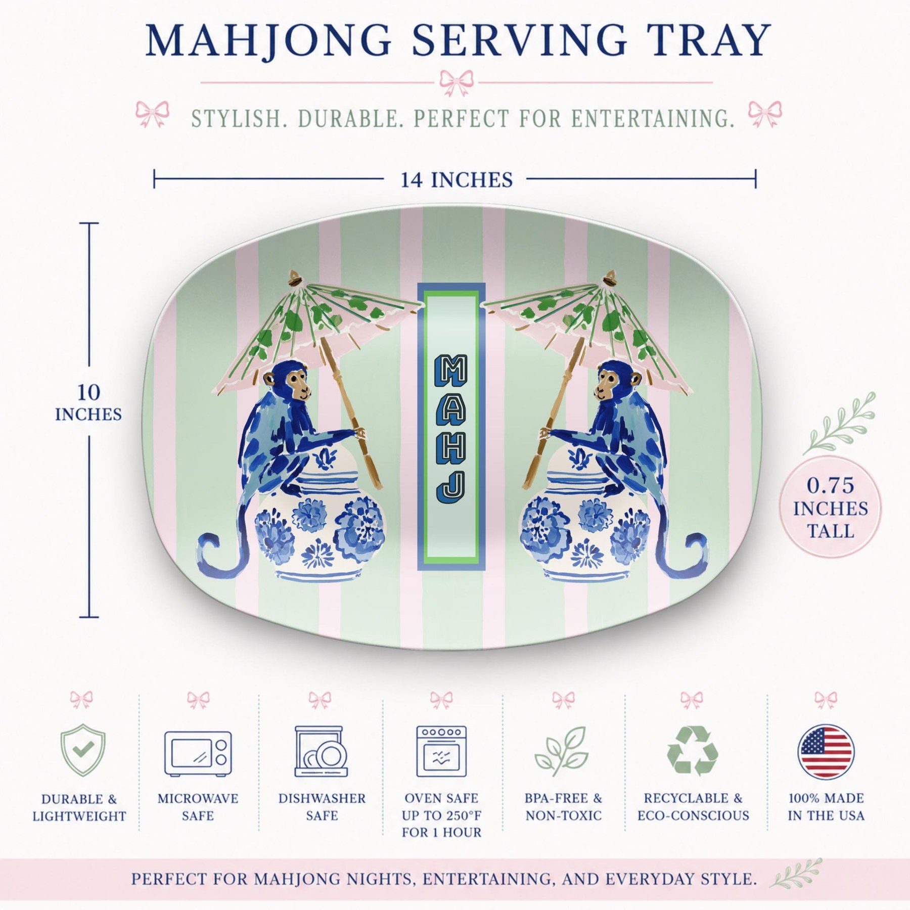 Mahjong Chinoiserie Monkeys Serving Tray Preppy Decor Platter, Mahj Party Hostess Gift, Birthday Gift Idea for Mahjong Players, view 5