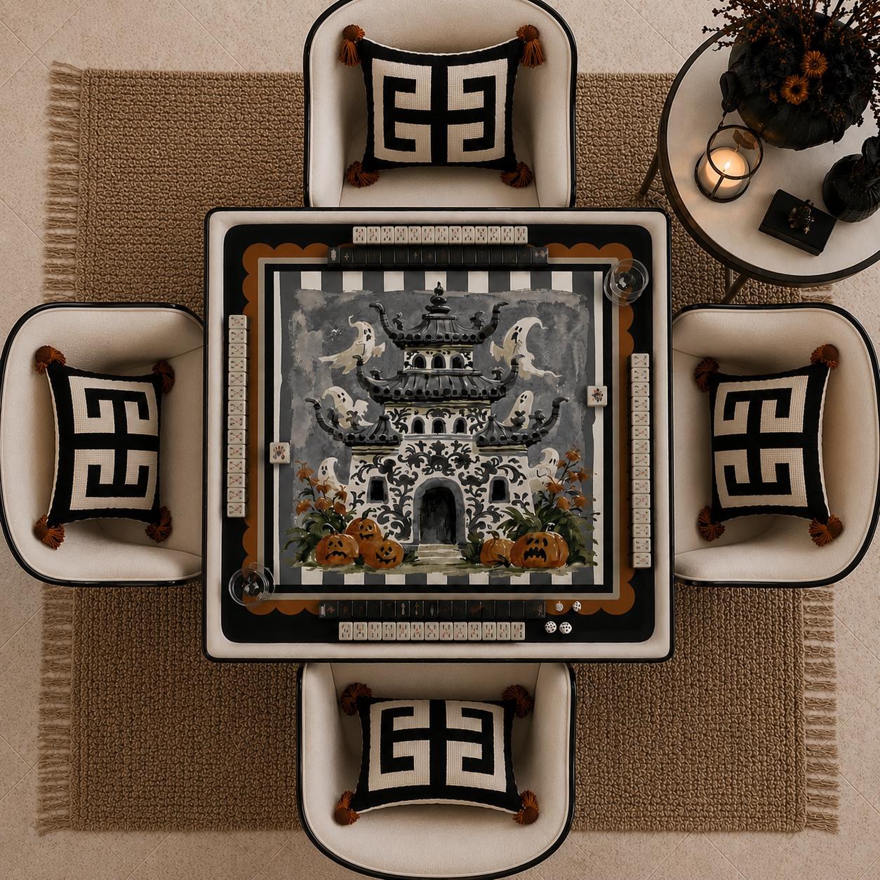 Mahjong Halloween Chinoiserie Haunted House Game Mat, view 2