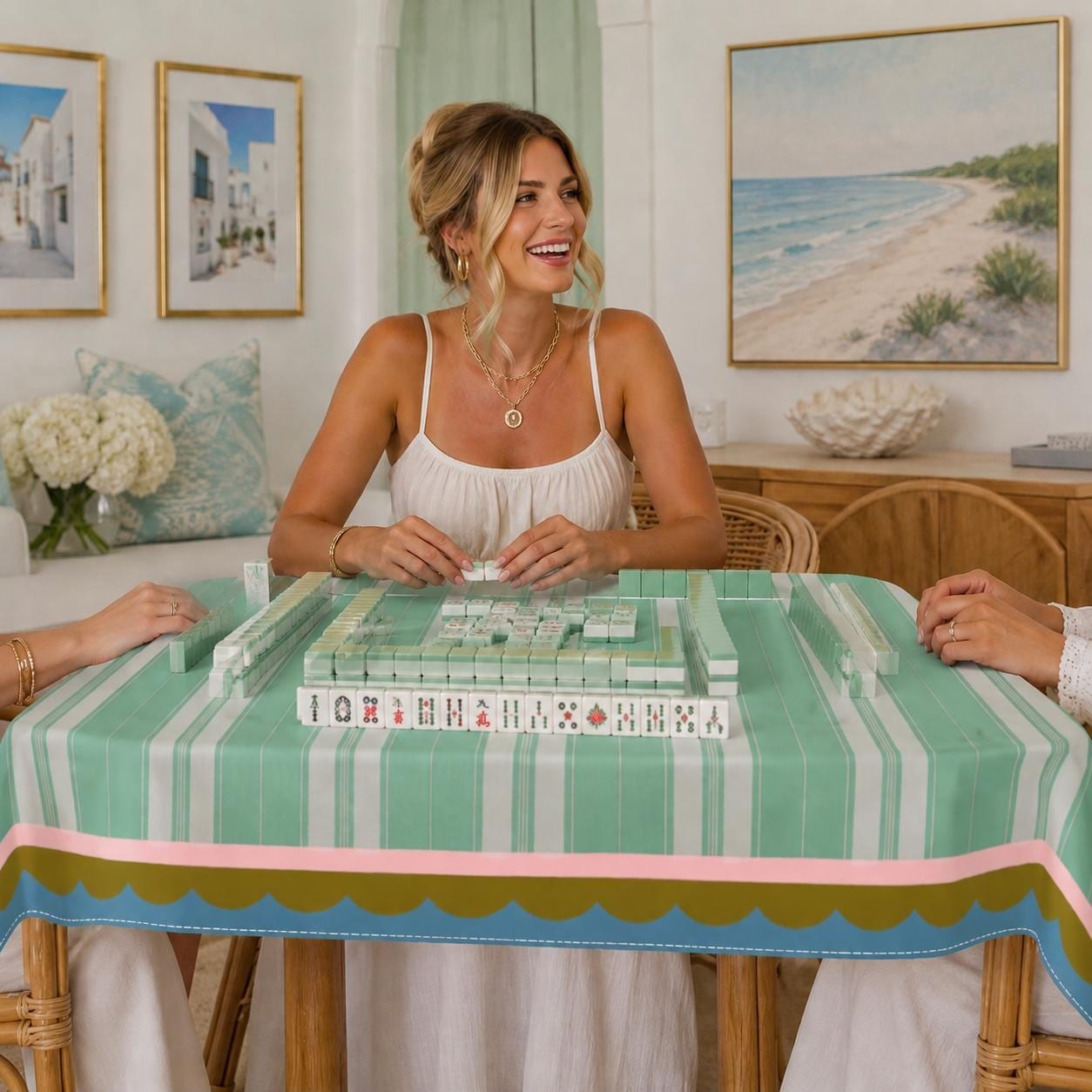 Mahjong Green Stripe La Fete Tablecloth, view 2