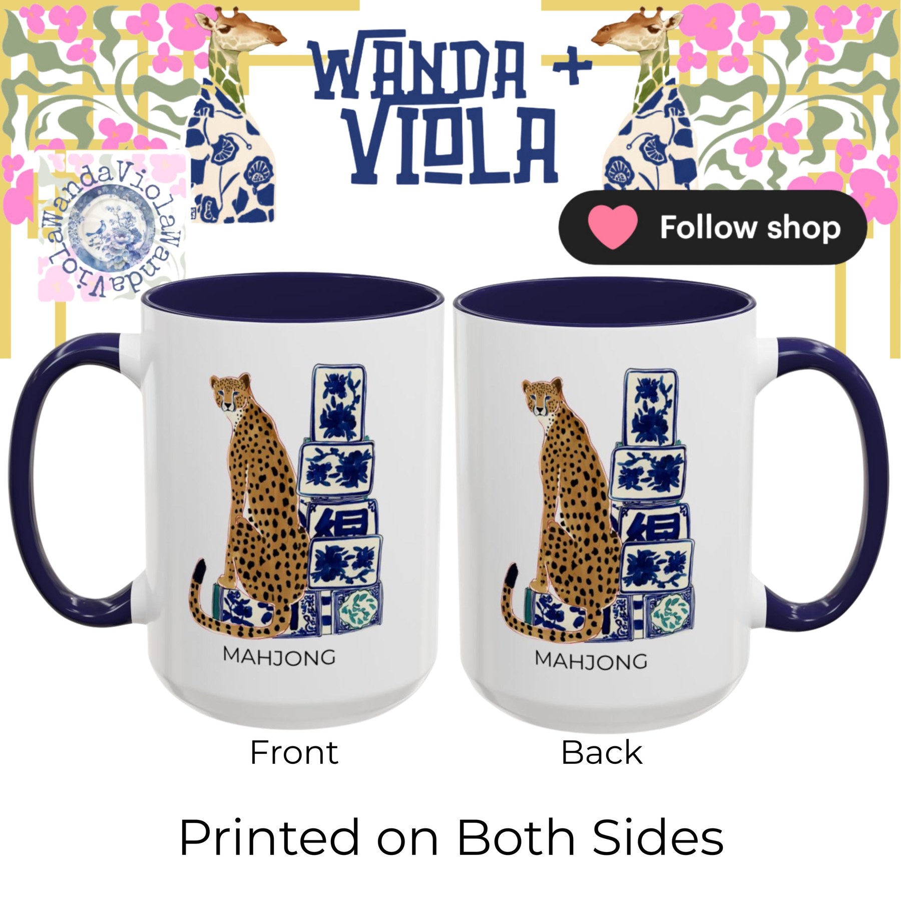 Mahjong Cheetah with Blue and White Tiles Mug, view 5